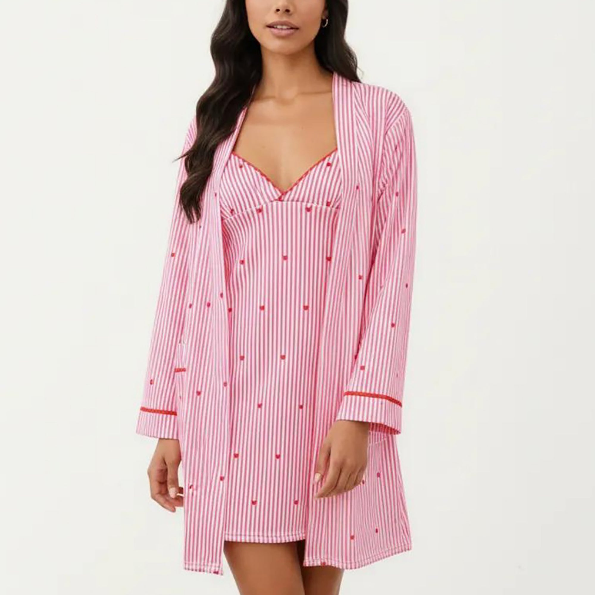 Anna-Kaci 2-Piece Set Sleeveless Pajama Dress with V Neck and Long Sleeve Open Front Robe Striped Design