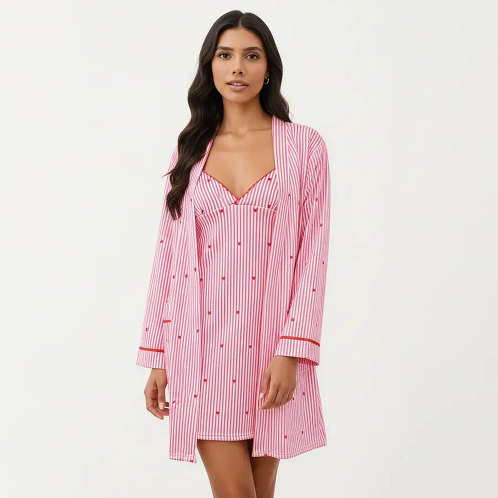 Anna-Kaci 2-Piece Set Sleeveless Pajama Dress with V Neck and Long Sleeve Open Front Robe Striped Design