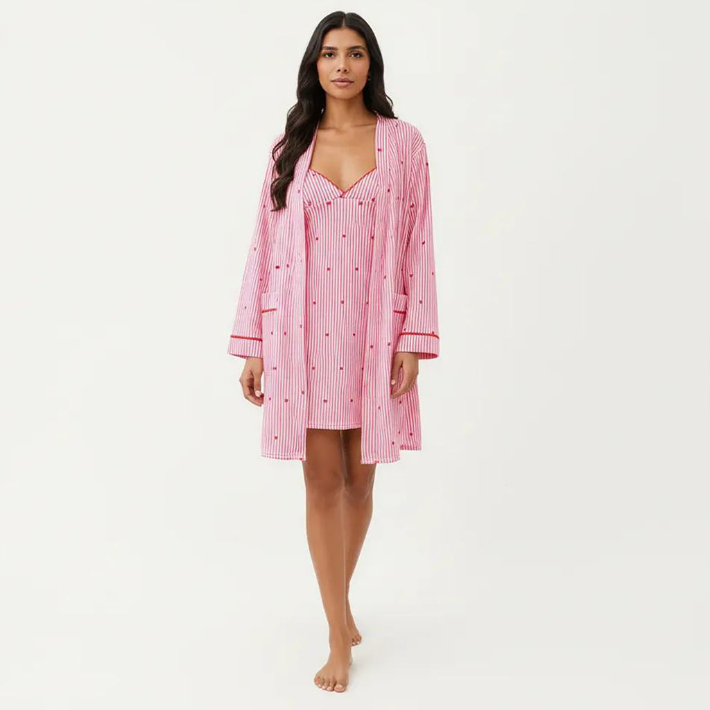 Anna-Kaci 2-Piece Set Sleeveless Pajama Dress with V Neck and Long Sleeve Open Front Robe Striped Design