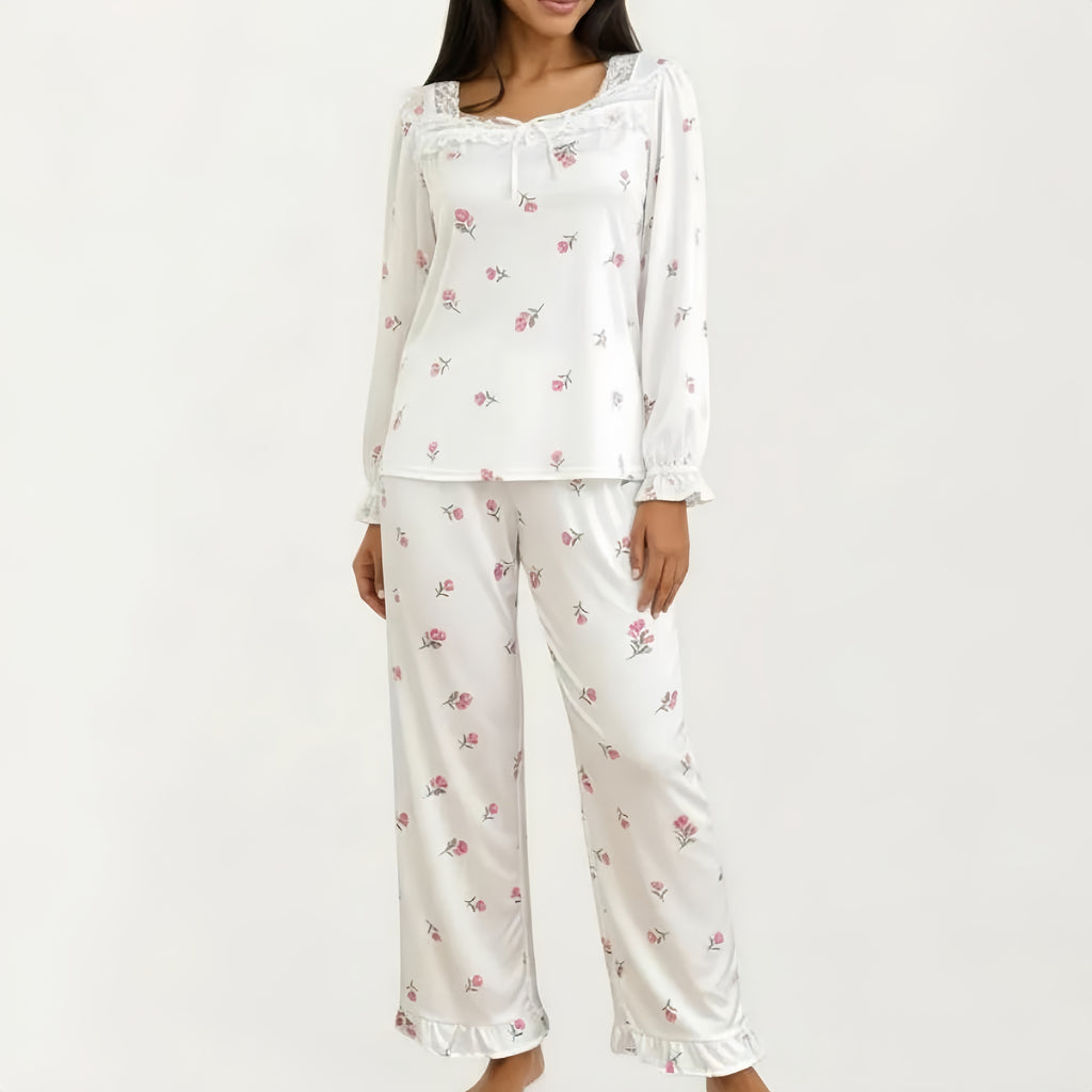 Anna-Kaci 2-Piece Set Pajama Top with Lace Trim Tie Neck Detail and Relaxed Fit Pants Printed Sleepwear Set