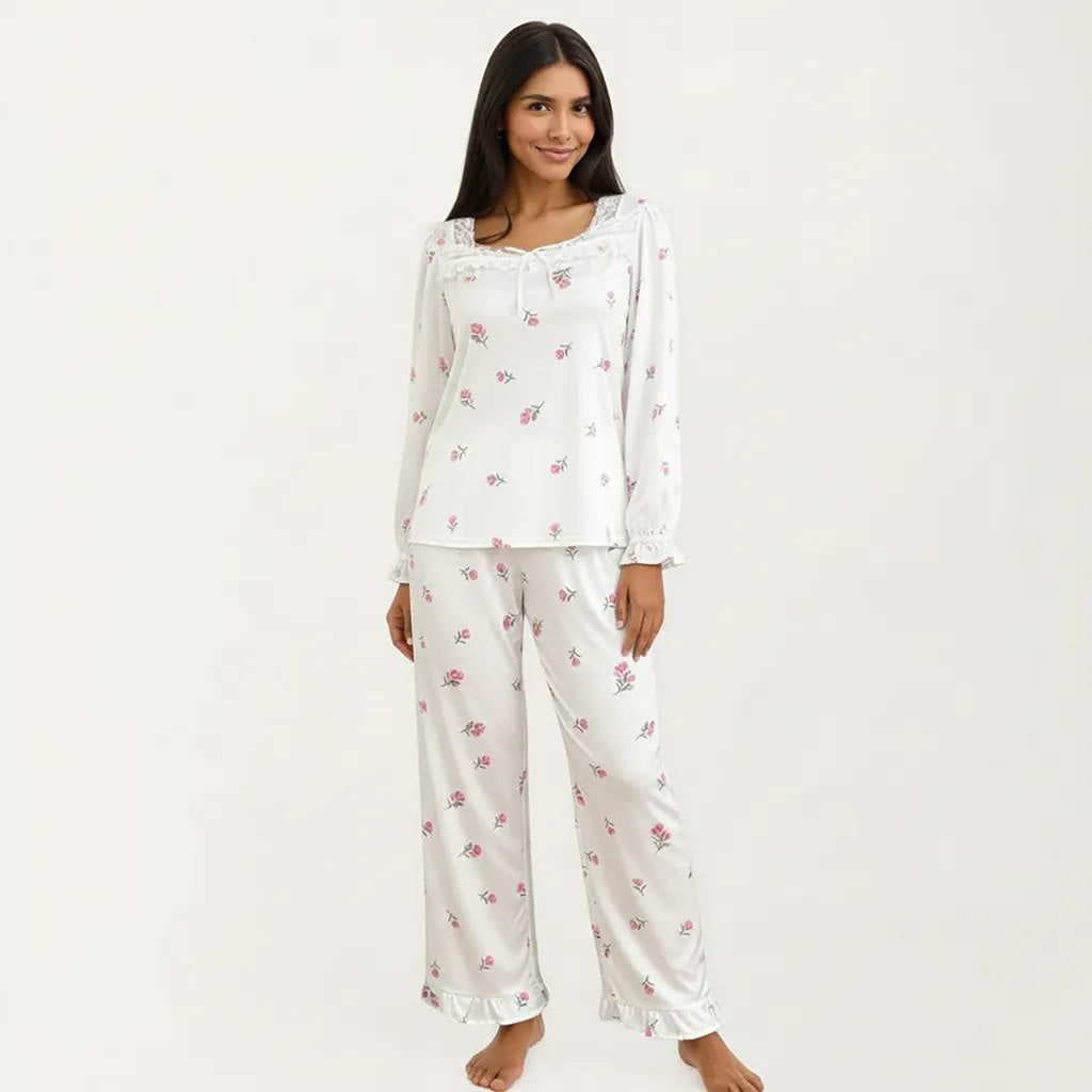 Anna-Kaci 2-Piece Set Pajama Top with Lace Trim Tie Neck Detail and Relaxed Fit Pants Printed Sleepwear Set