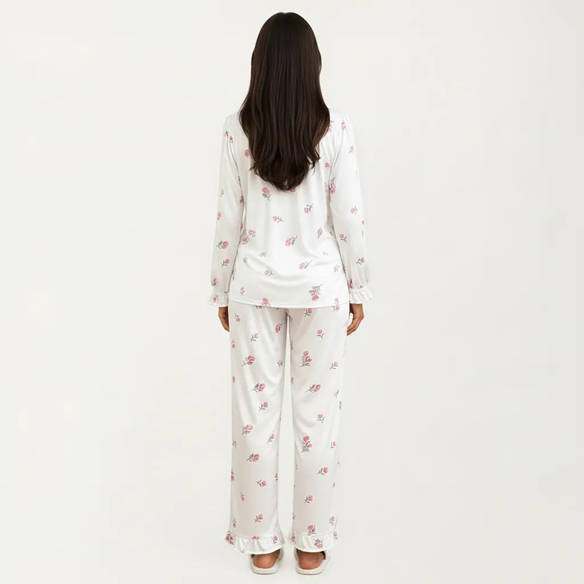 Anna-Kaci 2-Piece Set Pajama Top with Lace Trim Tie Neck Detail and Relaxed Fit Pants Printed Sleepwear Set