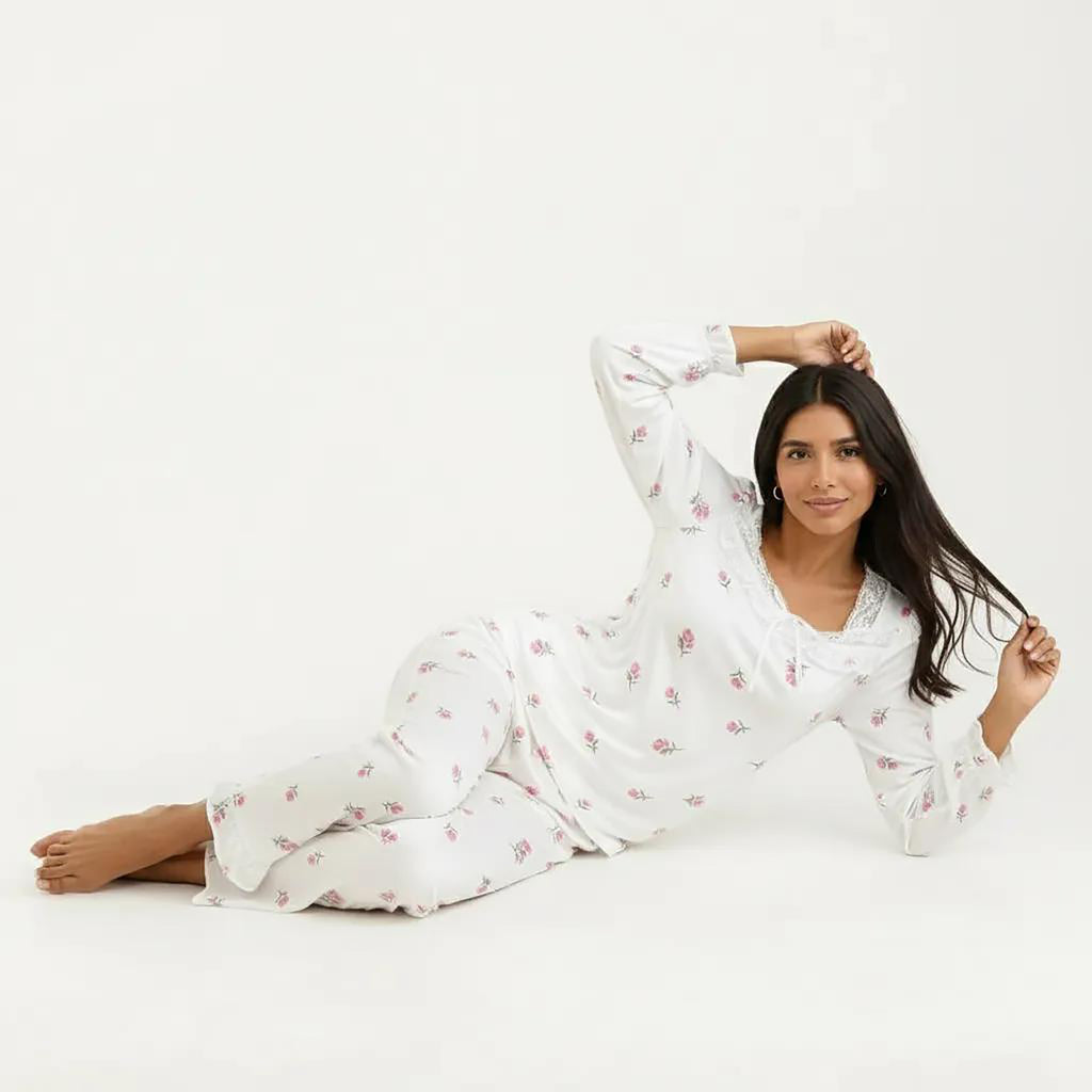 Anna-Kaci 2-Piece Set Pajama Top with Lace Trim Tie Neck Detail and Relaxed Fit Pants Printed Sleepwear Set