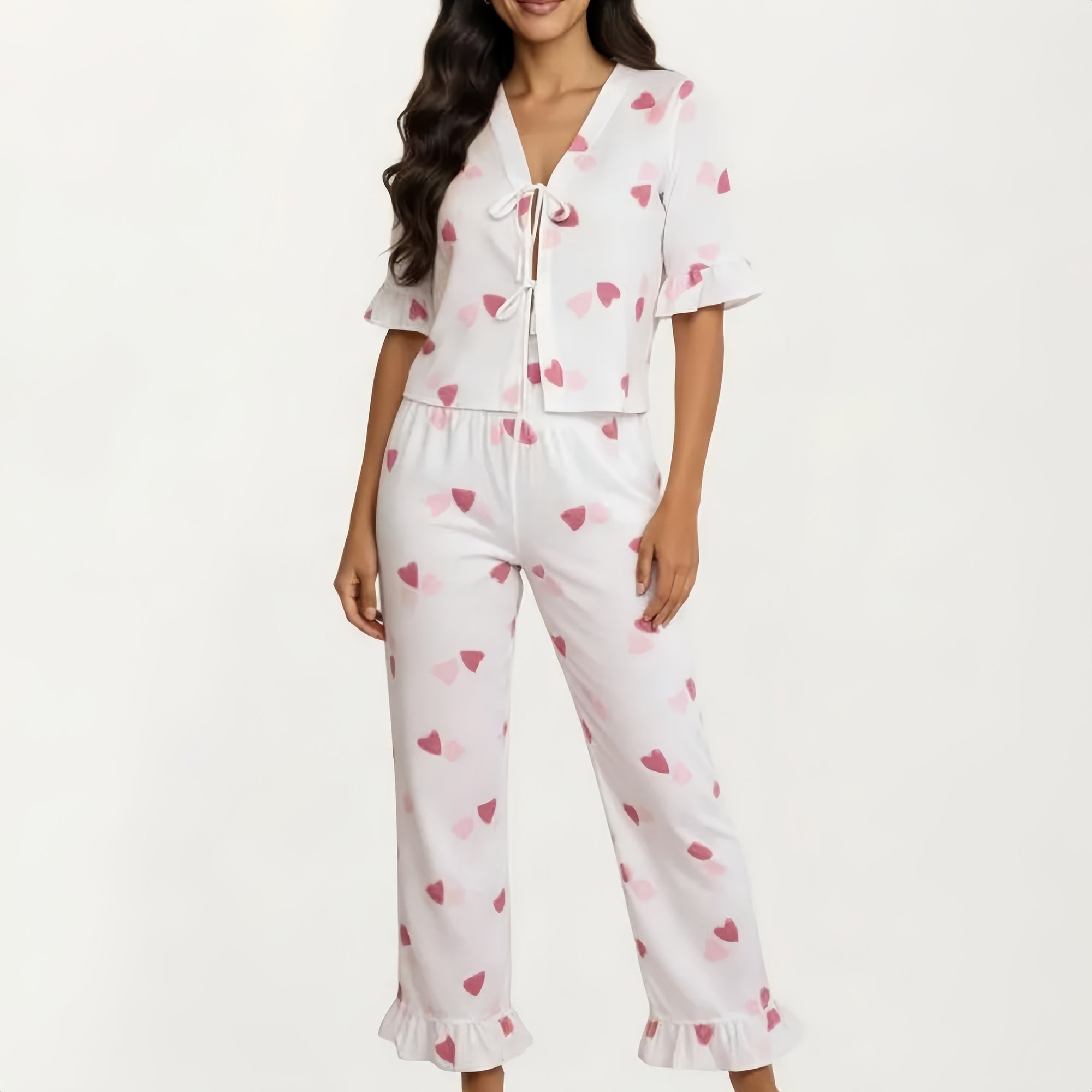 Anna-Kaci 2-Piece Set V Neck Tie Front Pajama Top with Ruffle Sleeve Detail and Pants Printed Sleepwear Set