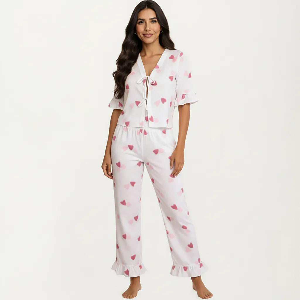 Anna-Kaci 2-Piece Set V Neck Tie Front Pajama Top with Ruffle Sleeve Detail and Pants Printed Sleepwear Set
