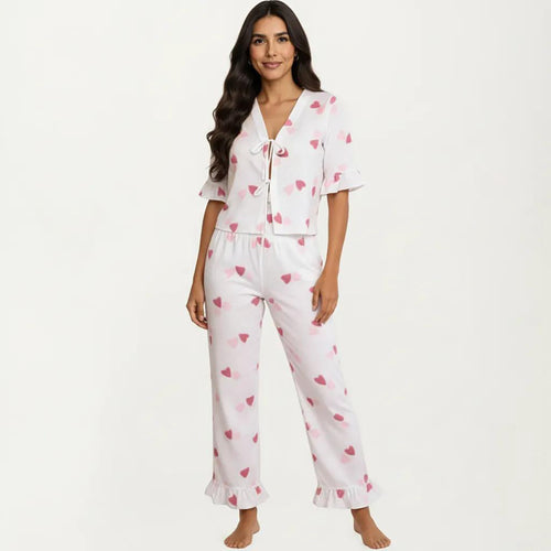 Anna-Kaci 2-Piece Set V Neck Tie Front Pajama Top with Ruffle Sleeve Detail and Pants Printed Sleepwear Set