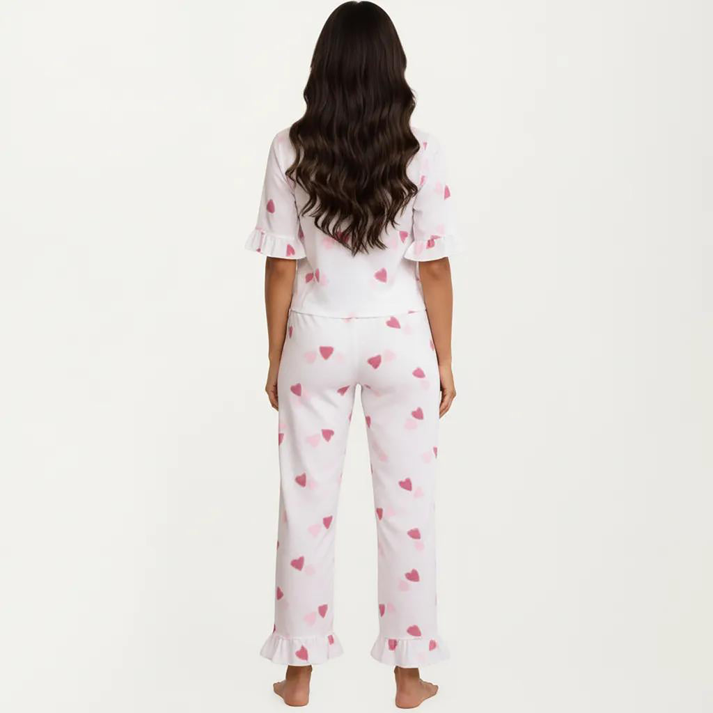 Anna-Kaci 2-Piece Set V Neck Tie Front Pajama Top with Ruffle Sleeve Detail and Pants Printed Sleepwear Set