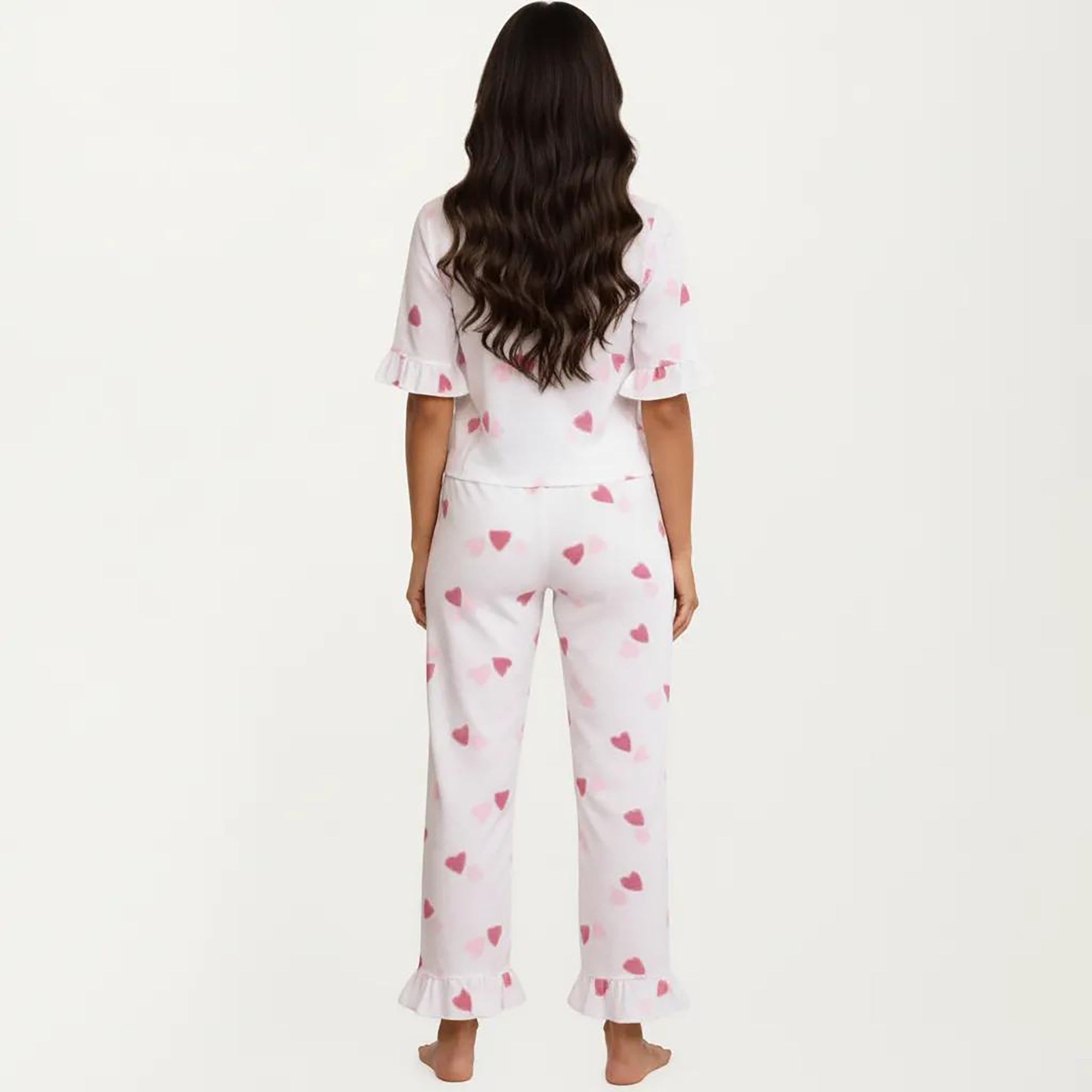 Anna-Kaci 2-Piece Set V Neck Tie Front Pajama Top with Ruffle Sleeve Detail and Pants Printed Sleepwear Set