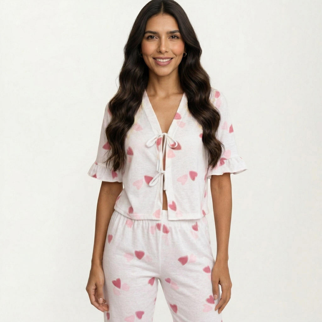 Anna-Kaci 2-Piece Set V Neck Tie Front Pajama Top with Ruffle Sleeve Detail and Pants Printed Sleepwear Set