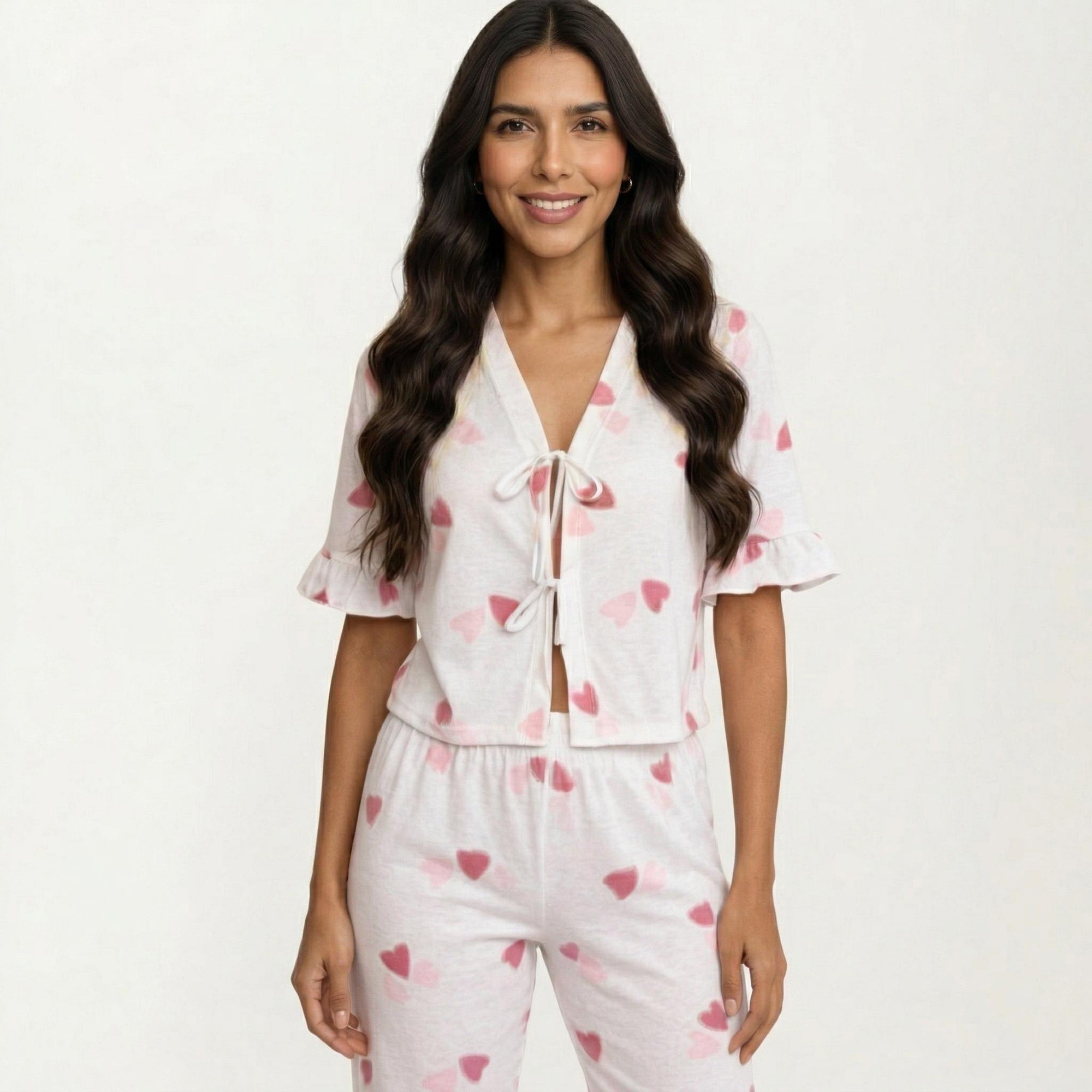Anna-Kaci 2-Piece Set V Neck Tie Front Pajama Top with Ruffle Sleeve Detail and Pants Printed Sleepwear Set