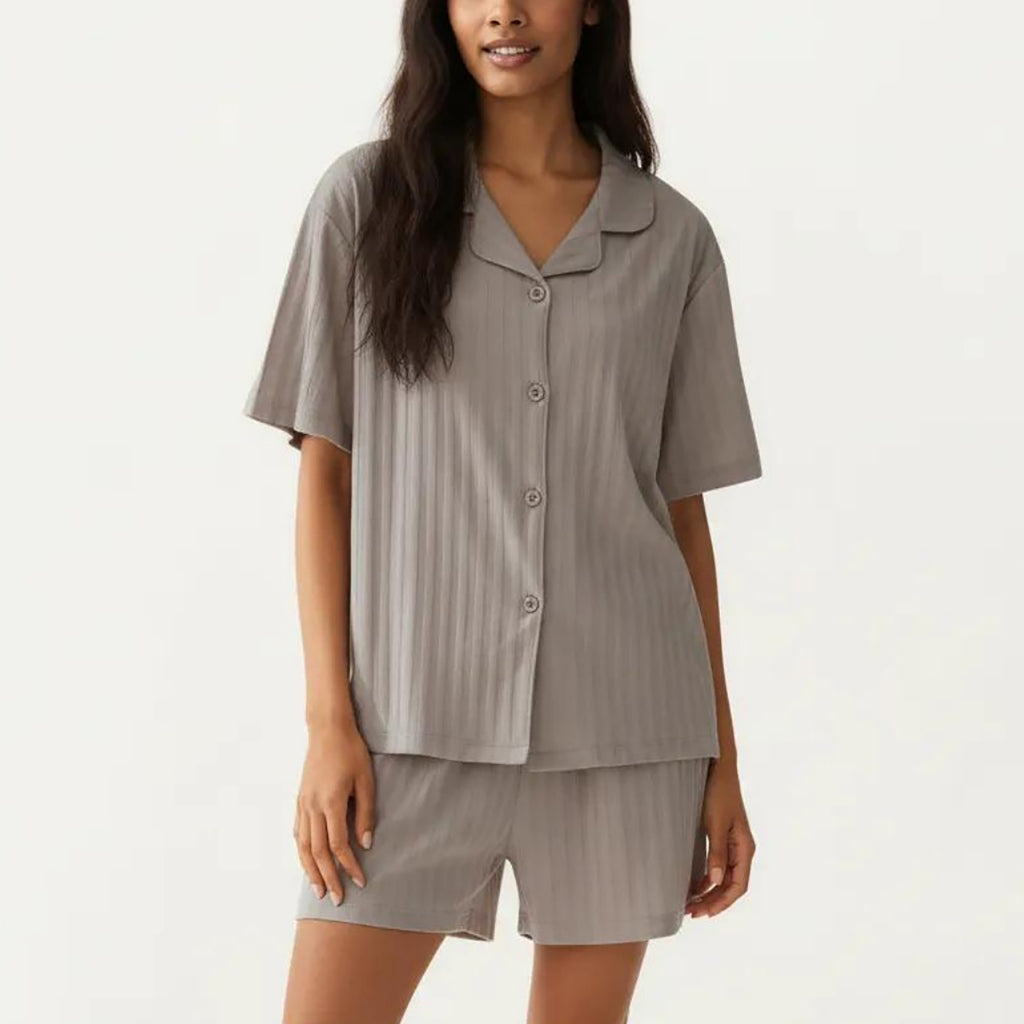 Anna-Kaci 2-Piece Set Short Sleeve Button Down Pajama Top with Notch Collar and Shorts Textured Sleepwear Set