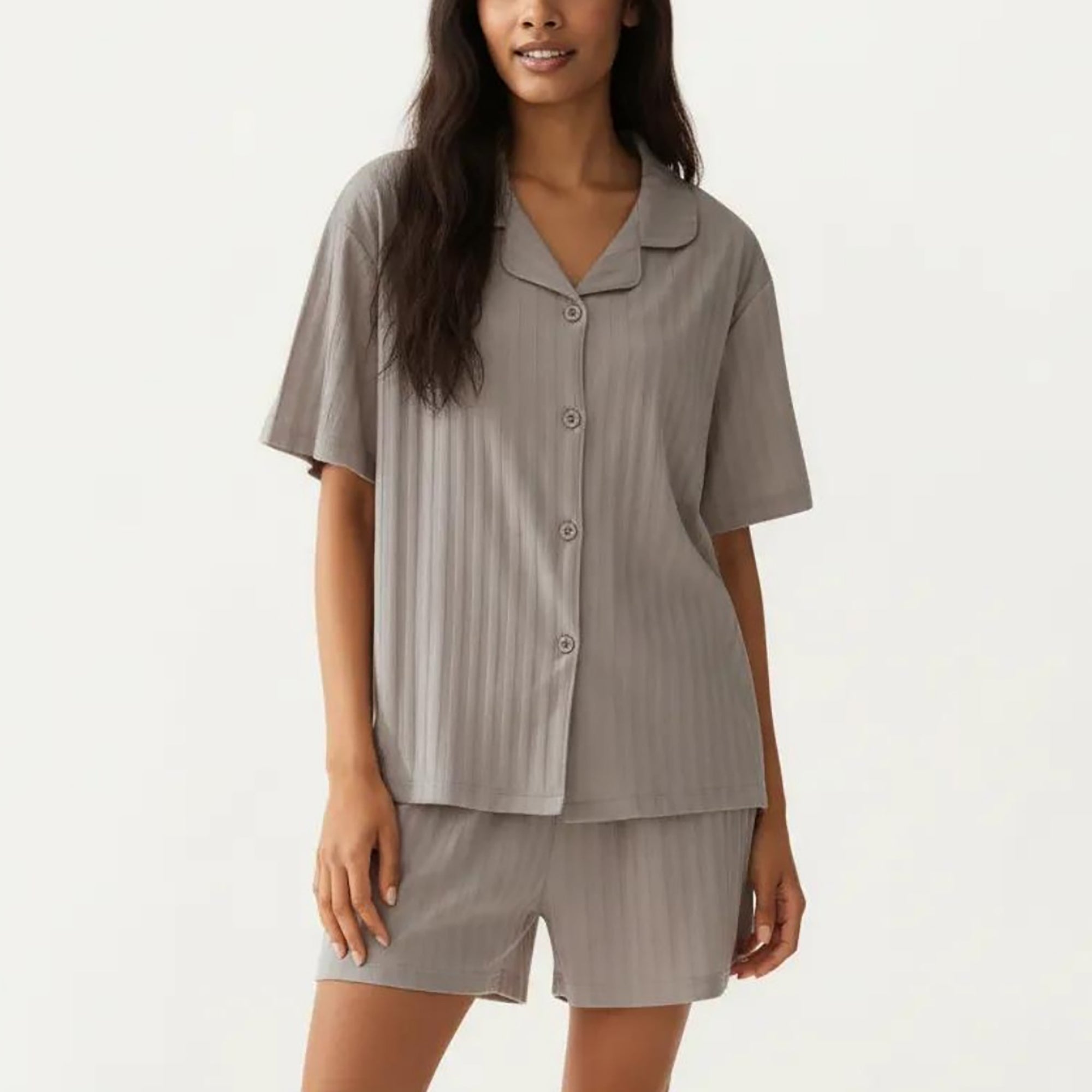 Anna-Kaci 2-Piece Set Short Sleeve Button Down Pajama Top with Notch Collar and Shorts Textured Sleepwear Set