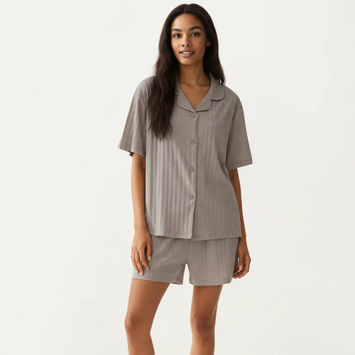 Anna-Kaci 2-Piece Set Short Sleeve Button Down Pajama Top with Notch Collar and Shorts Textured Sleepwear Set