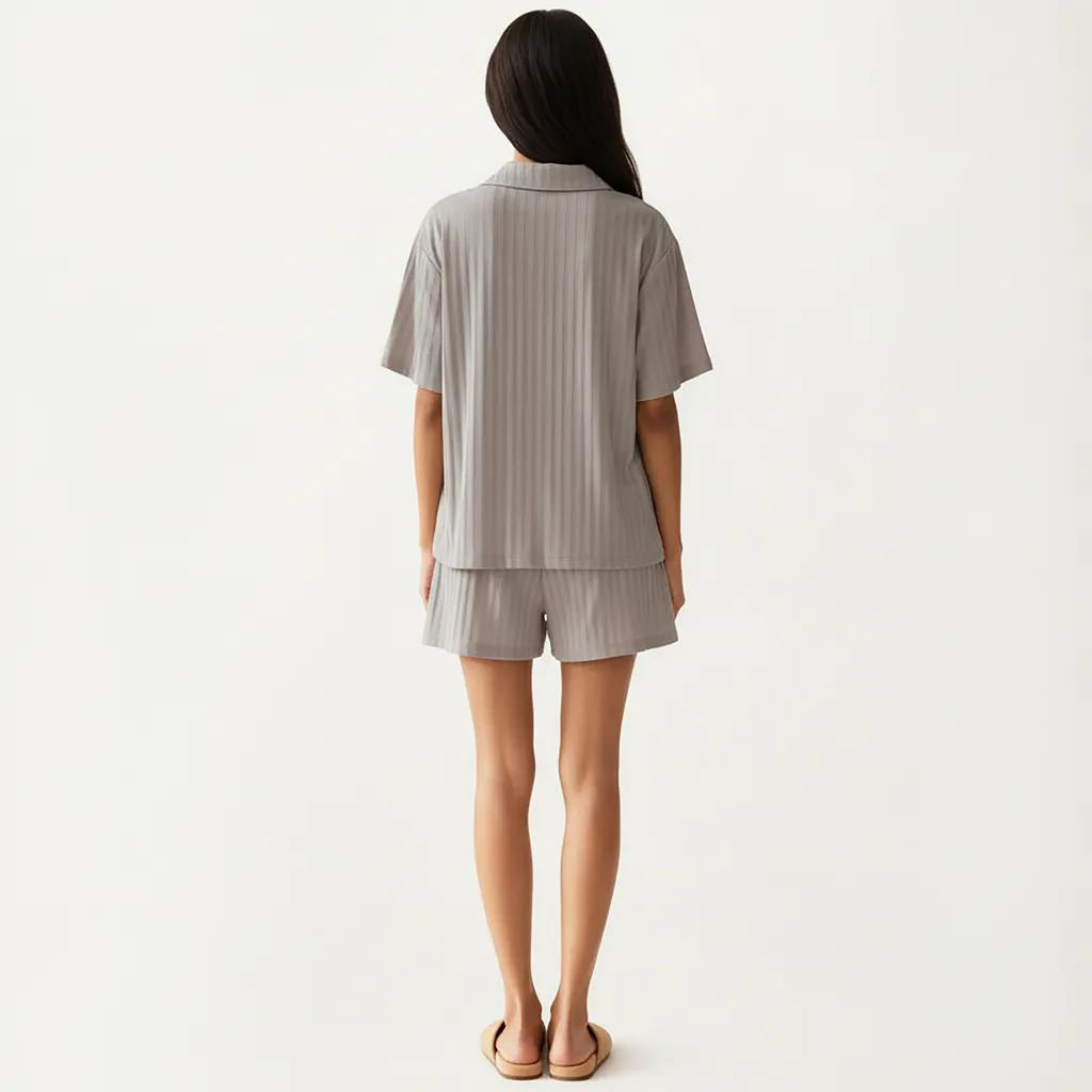 Anna-Kaci 2-Piece Set Short Sleeve Button Down Pajama Top with Notch Collar and Shorts Textured Sleepwear Set