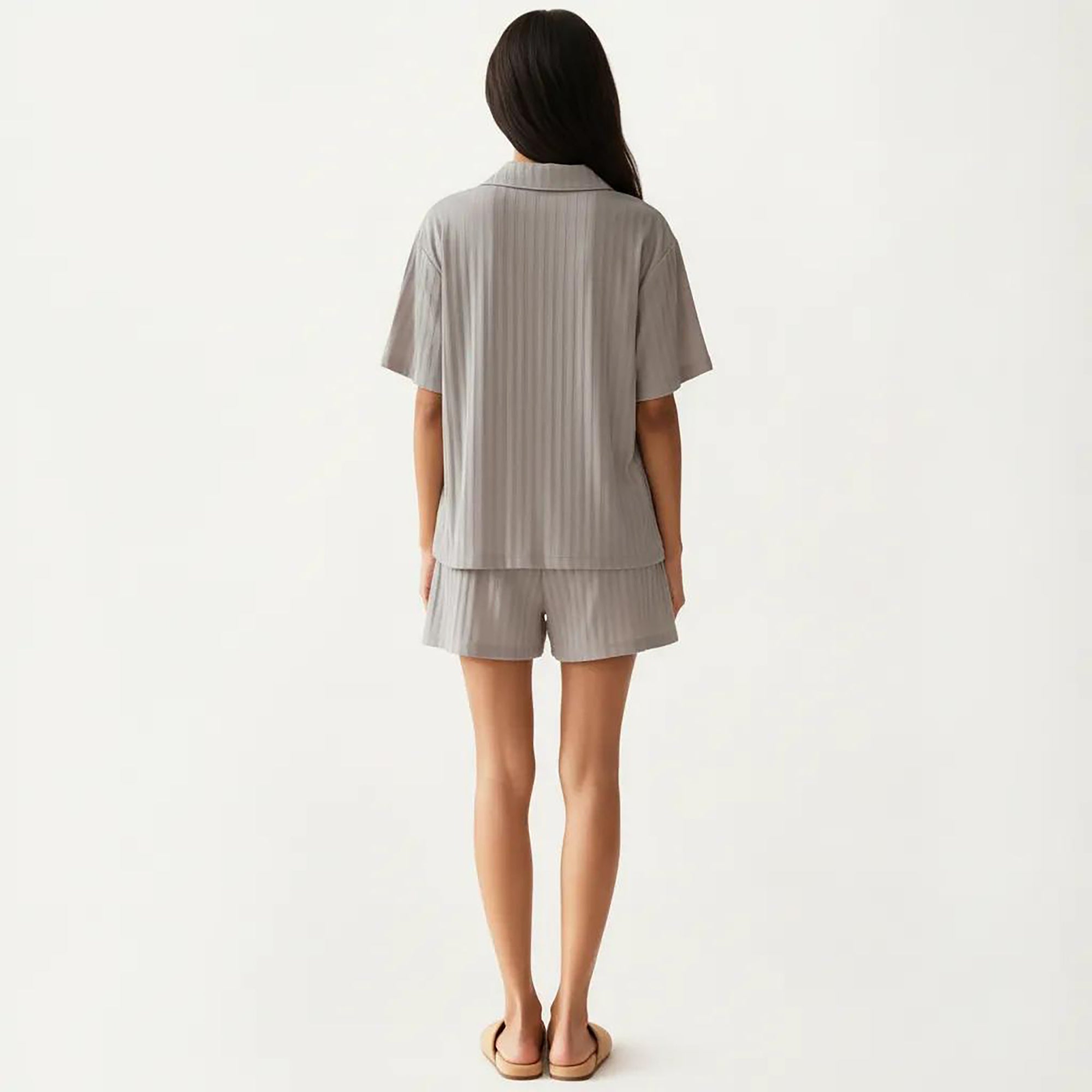 Anna-Kaci 2-Piece Set Short Sleeve Button Down Pajama Top with Notch Collar and Shorts Textured Sleepwear Set