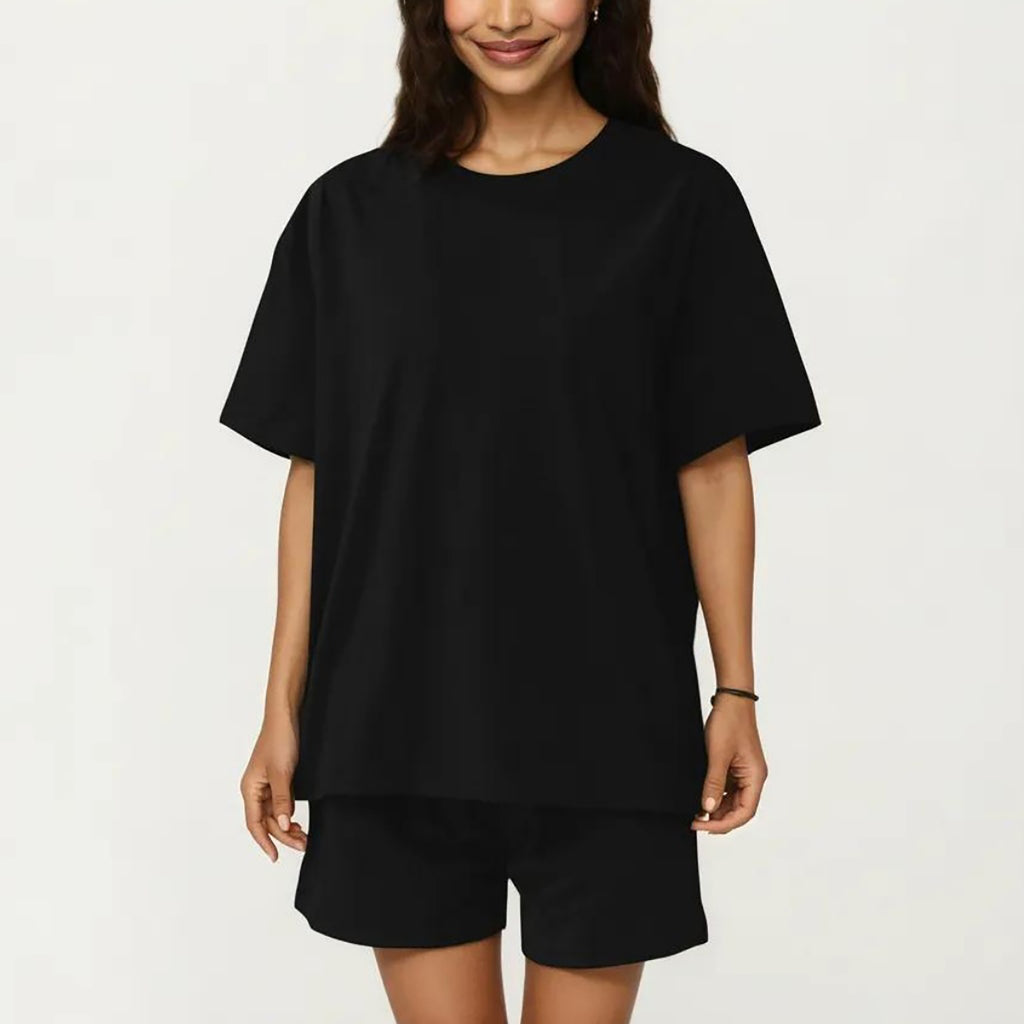 Anna-Kaci 2-Piece Set Oversized Short Sleeve Crew Neck Pajama Top with Relaxed Fit Shorts Sleepwear Set