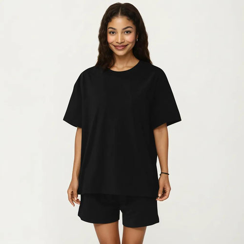 Anna-Kaci 2-Piece Set Oversized Short Sleeve Crew Neck Pajama Top with Relaxed Fit Shorts Sleepwear Set