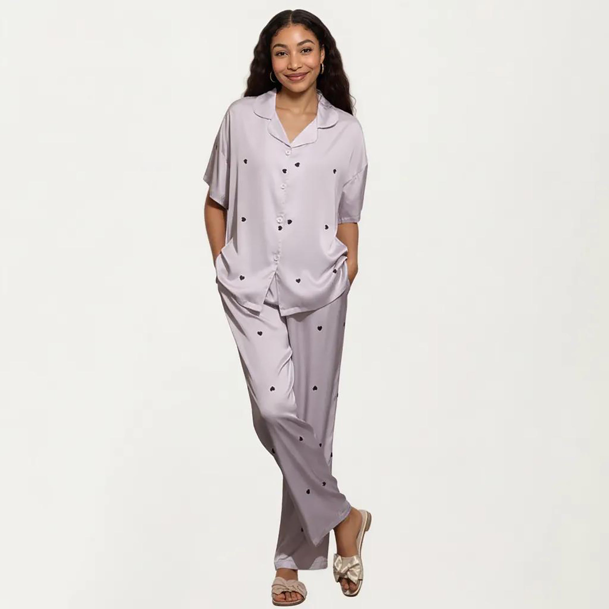 Anna-Kaci 2-Piece Set Pajama Short Sleeve Button Down Top with Notch Collar and Relaxed Fit Pants