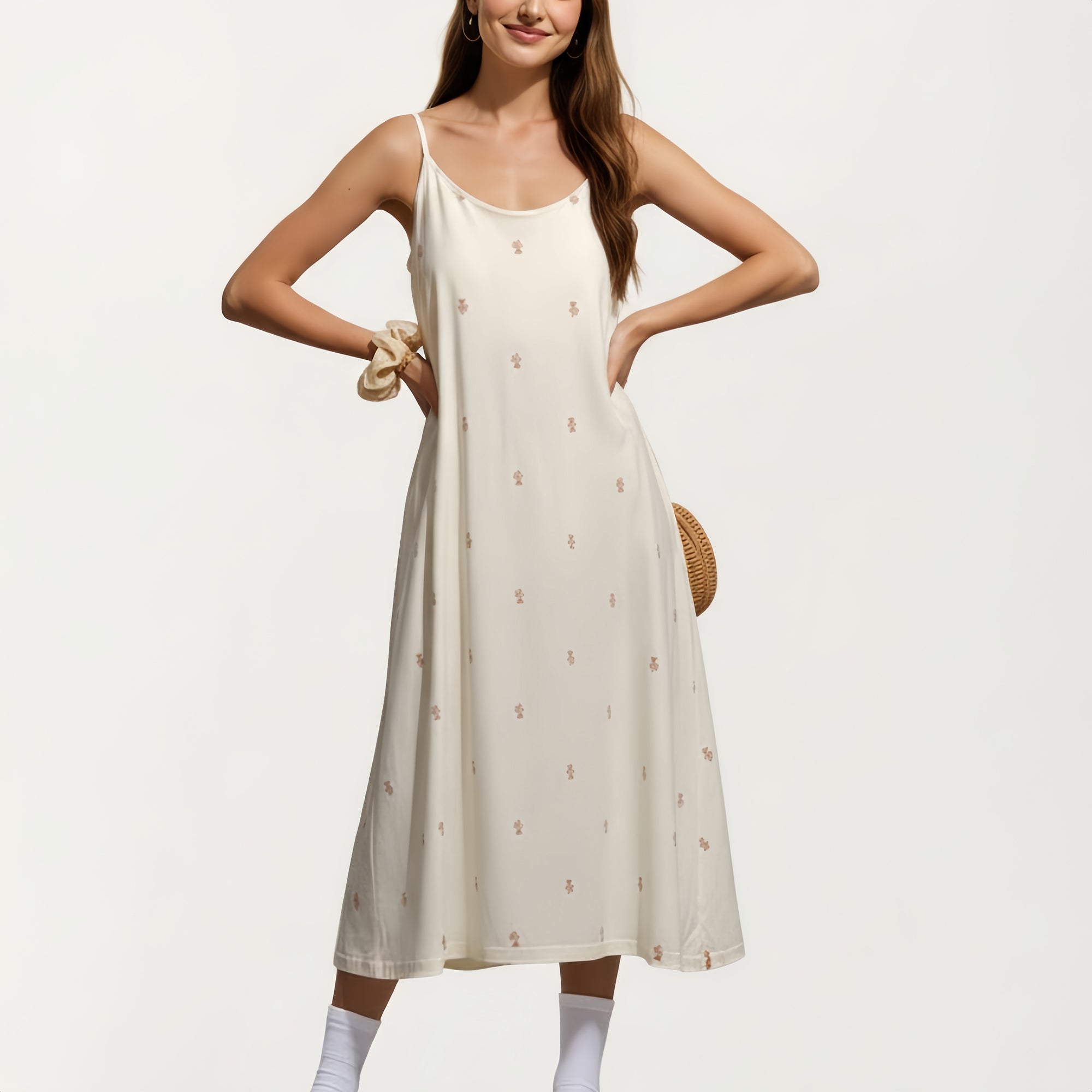 Anna-Kaci Sleeveless Pajama Dress with Spaghetti Straps Loose Fit Midi Sleepwear Nightgown with Allover Print