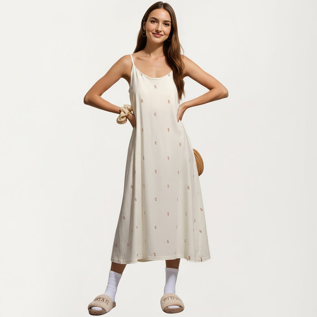Anna-Kaci Sleeveless Pajama Dress with Spaghetti Straps Loose Fit Midi Sleepwear Nightgown with Allover Print