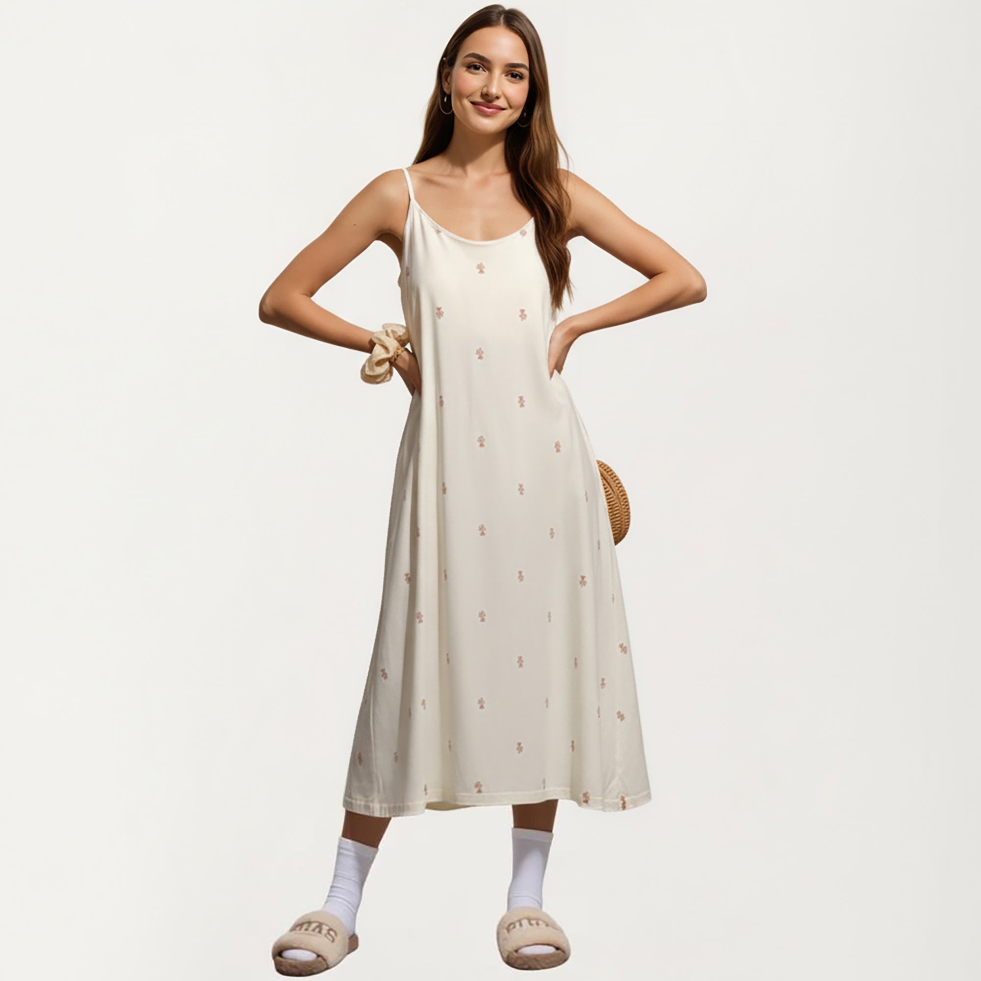 Anna-Kaci Sleeveless Pajama Dress with Spaghetti Straps Loose Fit Midi Sleepwear Nightgown with Allover Print
