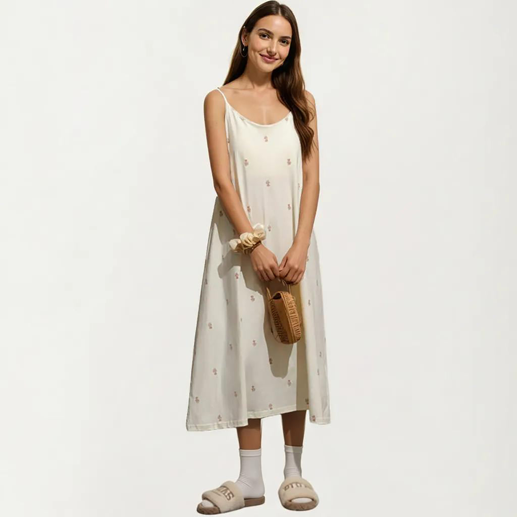 Anna-Kaci Sleeveless Pajama Dress with Spaghetti Straps Loose Fit Midi Sleepwear Nightgown with Allover Print