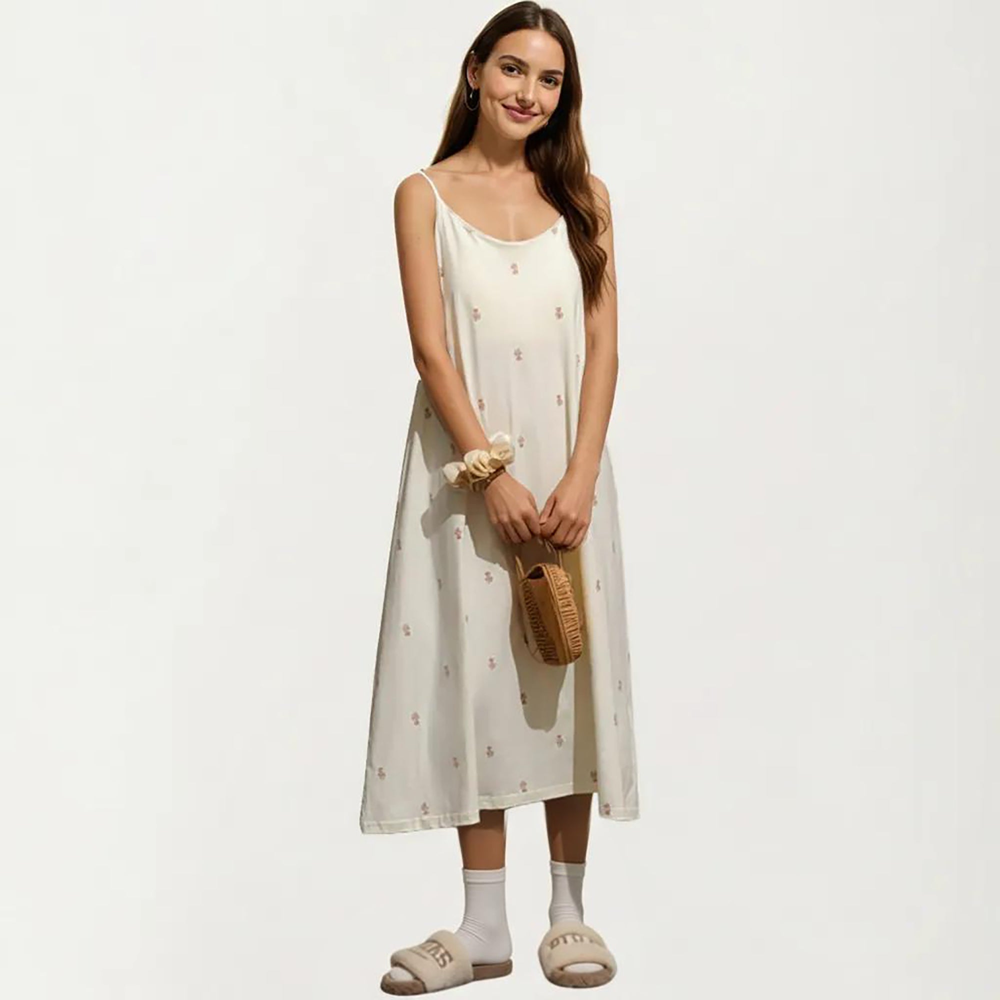Anna-Kaci Sleeveless Pajama Dress with Spaghetti Straps Loose Fit Midi Sleepwear Nightgown with Allover Print