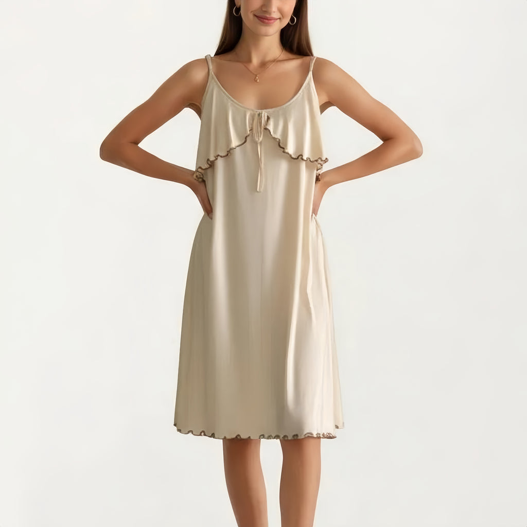 Anna-Kaci Sleeveless Pajama Dress with Spaghetti Straps Tie Front Ruffle Trim Nightgown Relaxed Fit Sleepwear