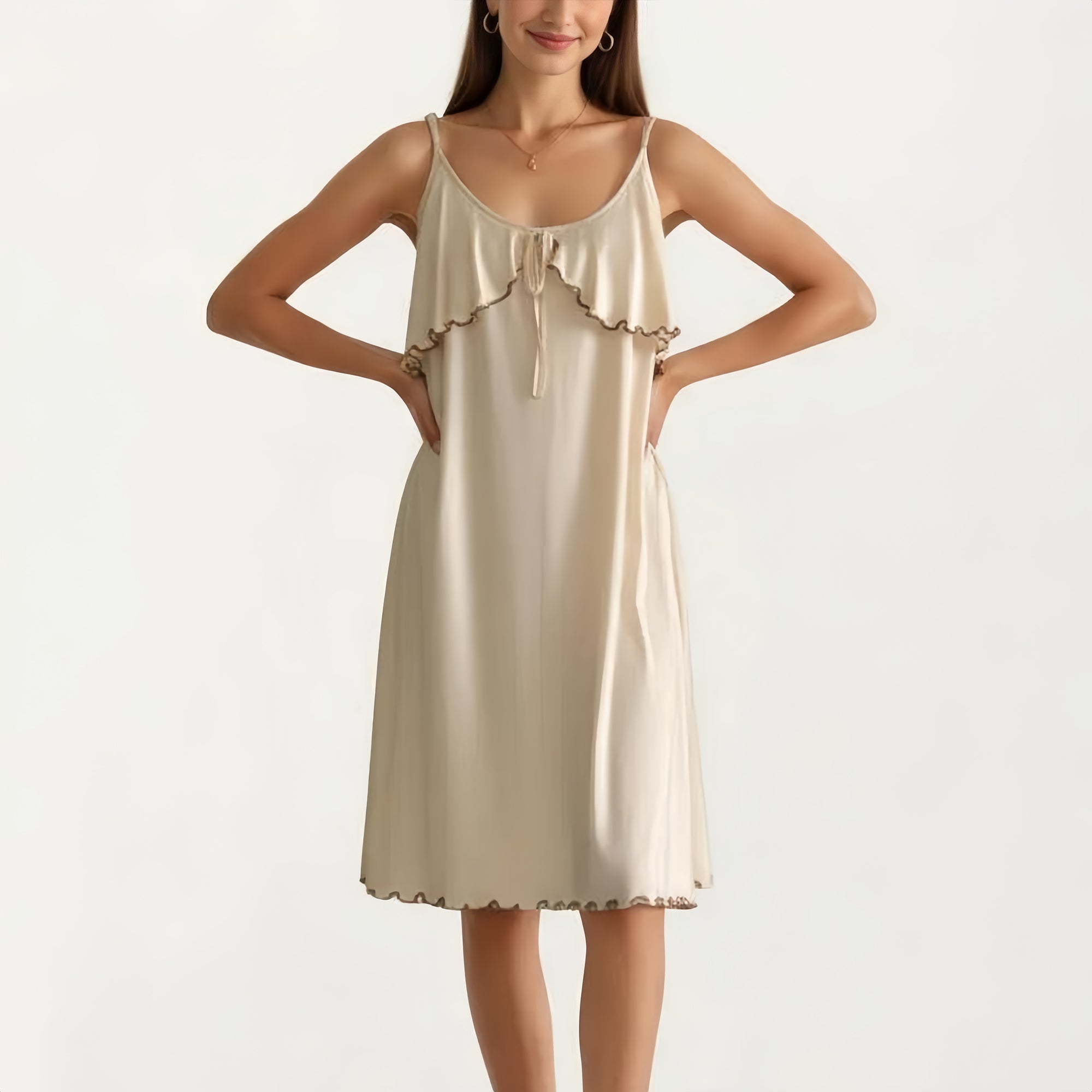 Anna-Kaci Sleeveless Pajama Dress with Spaghetti Straps Tie Front Ruffle Trim Nightgown Relaxed Fit Sleepwear