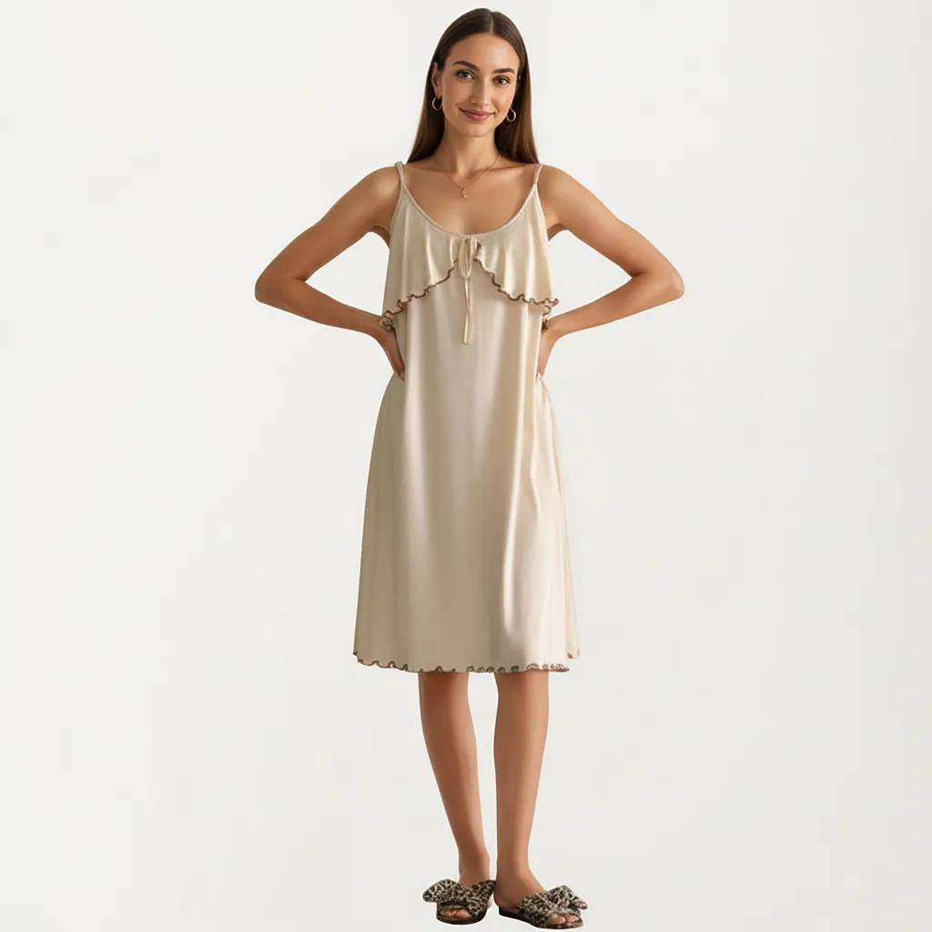 Anna-Kaci Sleeveless Pajama Dress with Spaghetti Straps Tie Front Ruffle Trim Nightgown Relaxed Fit Sleepwear