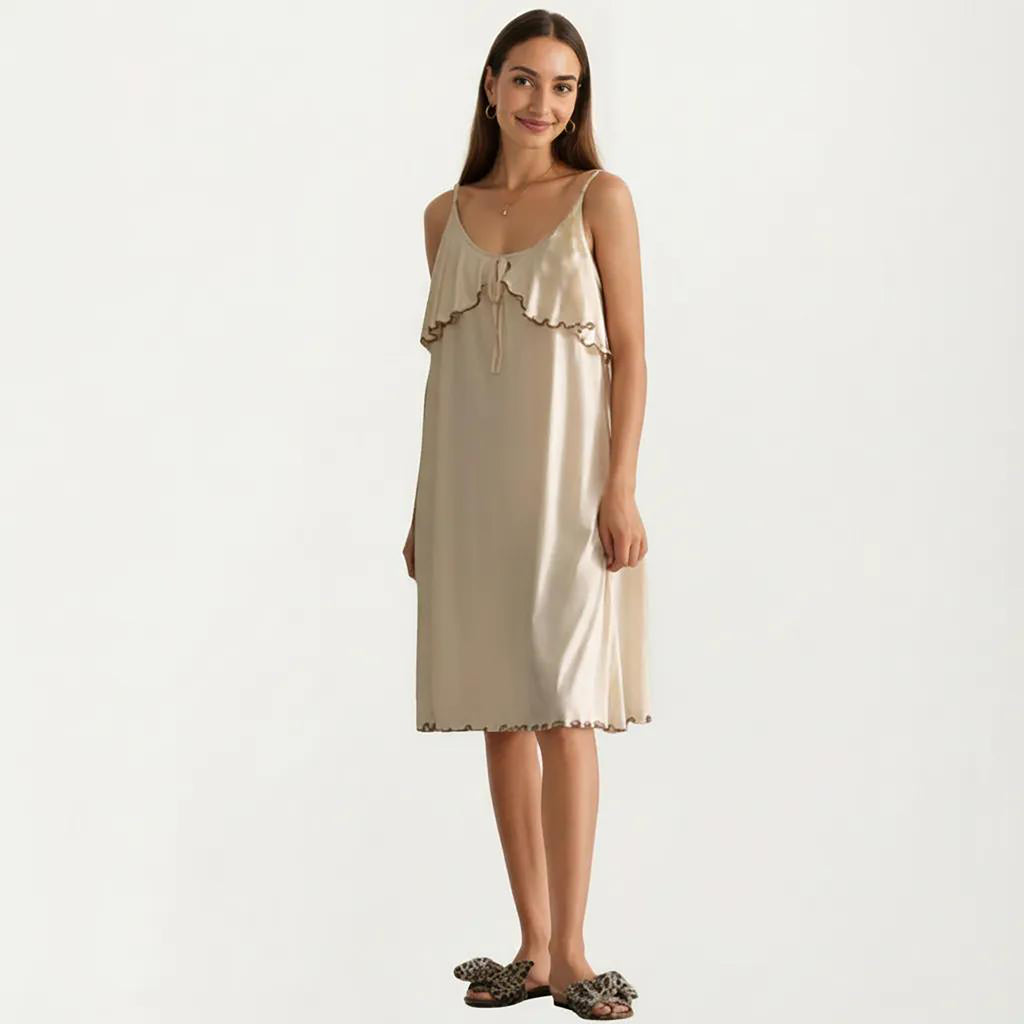 Anna-Kaci Sleeveless Pajama Dress with Spaghetti Straps Tie Front Ruffle Trim Nightgown Relaxed Fit Sleepwear