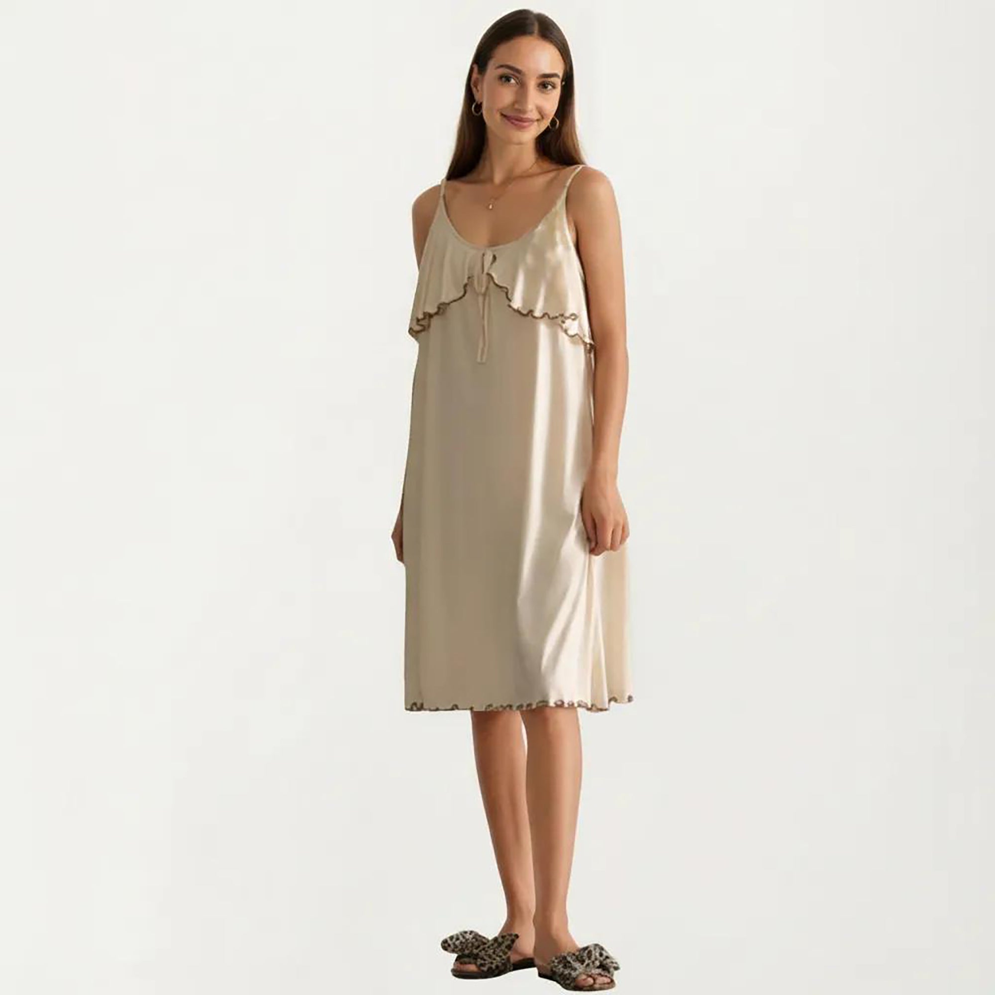 Anna-Kaci Sleeveless Pajama Dress with Spaghetti Straps Tie Front Ruffle Trim Nightgown Relaxed Fit Sleepwear