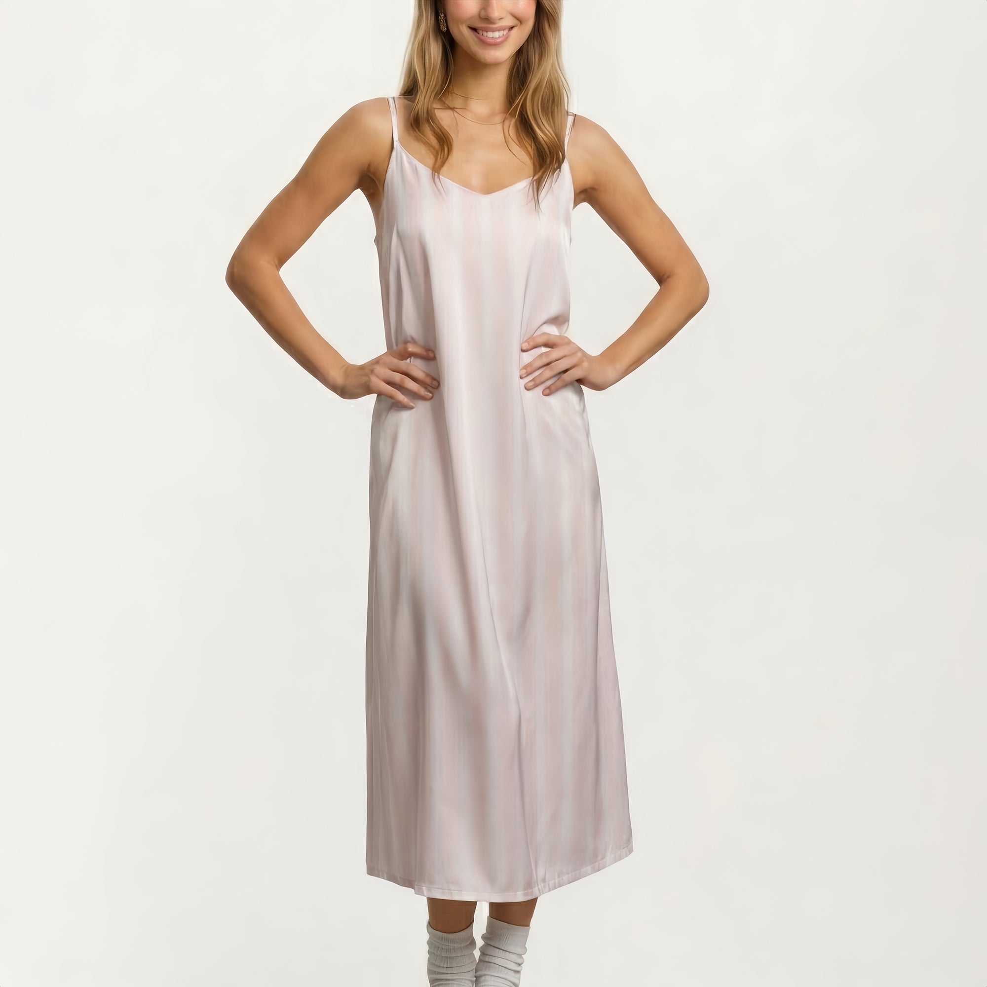 Anna-Kaci Satin Pajama Dress Sleeveless Spaghetti Strap Midi Sleepwear Nightgown with Relaxed Fit Dress