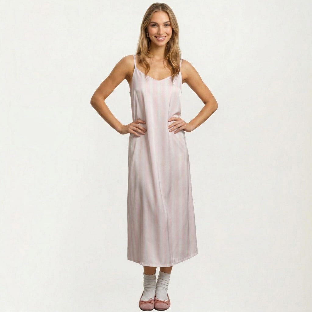 Anna-Kaci Satin Pajama Dress Sleeveless Spaghetti Strap Midi Sleepwear Nightgown with Relaxed Fit Dress