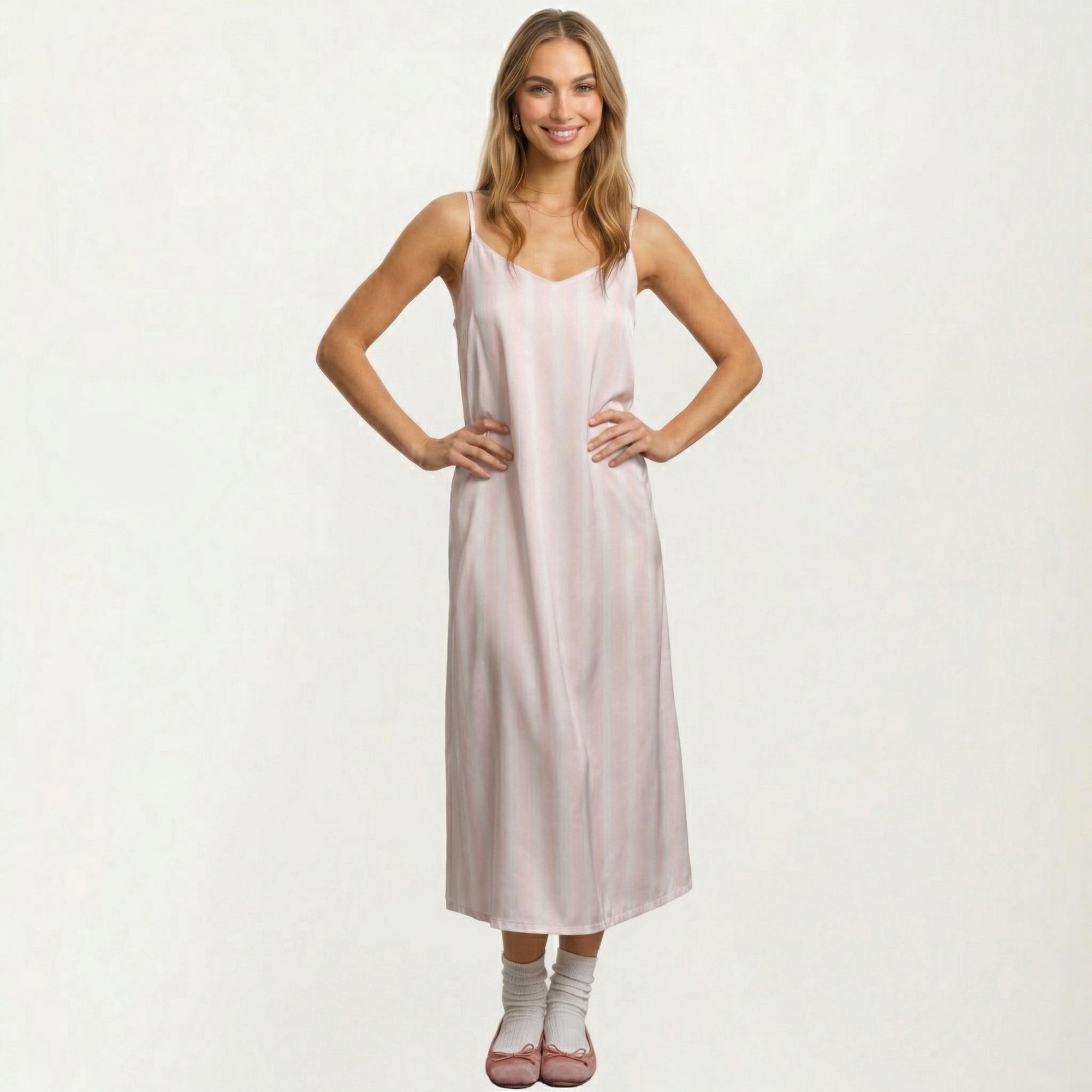 Anna-Kaci Satin Pajama Dress Sleeveless Spaghetti Strap Midi Sleepwear Nightgown with Relaxed Fit Dress