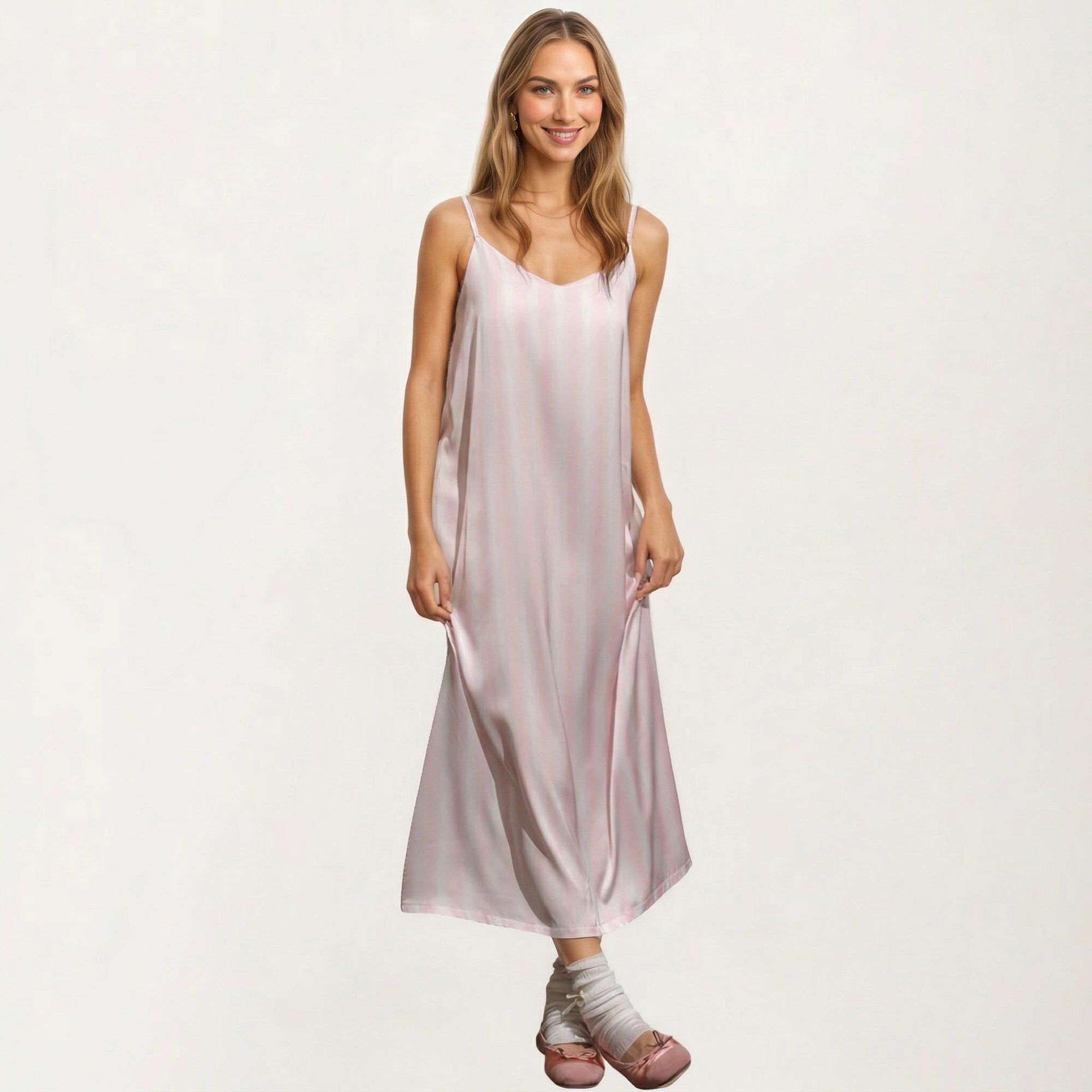 Anna-Kaci Satin Pajama Dress Sleeveless Spaghetti Strap Midi Sleepwear Nightgown with Relaxed Fit Dress