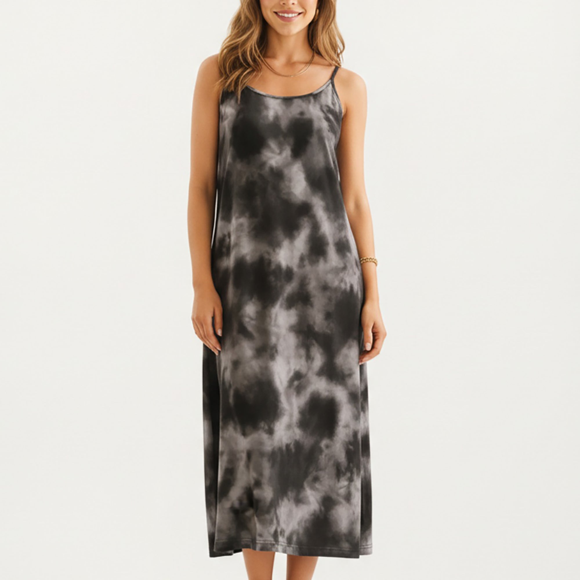 Anna-Kaci Tie Dye Sleeveless Pajama Dress with Spaghetti Straps Relaxed Fit Midi Lounge Sleepwear Nightgown