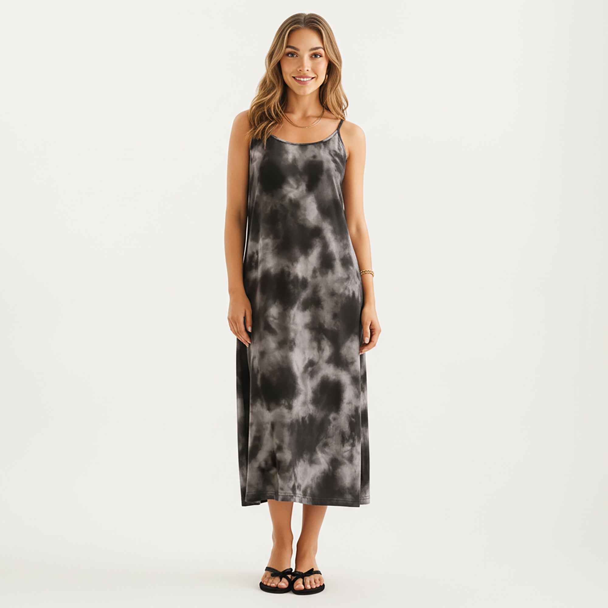 Anna-Kaci Tie Dye Sleeveless Pajama Dress with Spaghetti Straps Relaxed Fit Midi Lounge Sleepwear Nightgown