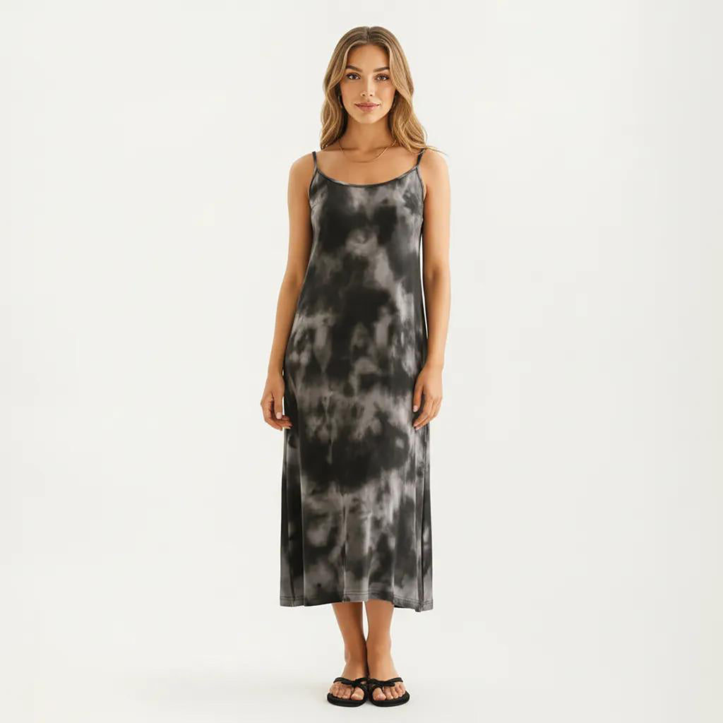 Anna-Kaci Tie Dye Sleeveless Pajama Dress with Spaghetti Straps Relaxed Fit Midi Lounge Sleepwear Nightgown