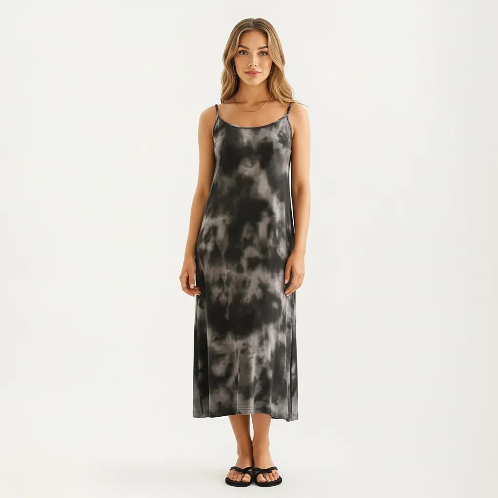 Anna-Kaci Tie Dye Sleeveless Pajama Dress with Spaghetti Straps Relaxed Fit Midi Lounge Sleepwear Nightgown