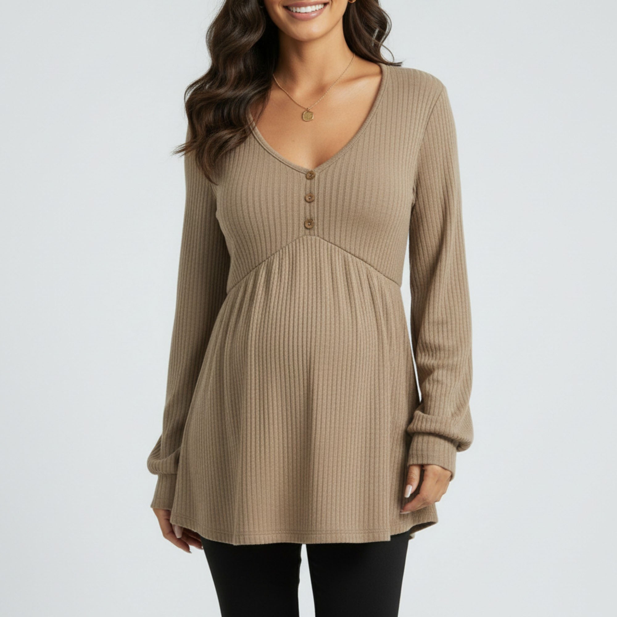 Anna-Kaci Women's Maternity Ribbed Knit Long Sleeve Tunic Top with Button Front V Neck Empire Waist Shirt