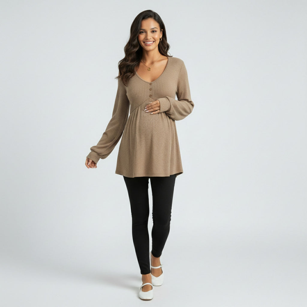 Anna-Kaci Women's Maternity Ribbed Knit Long Sleeve Tunic Top with Button Front V Neck Empire Waist Shirt