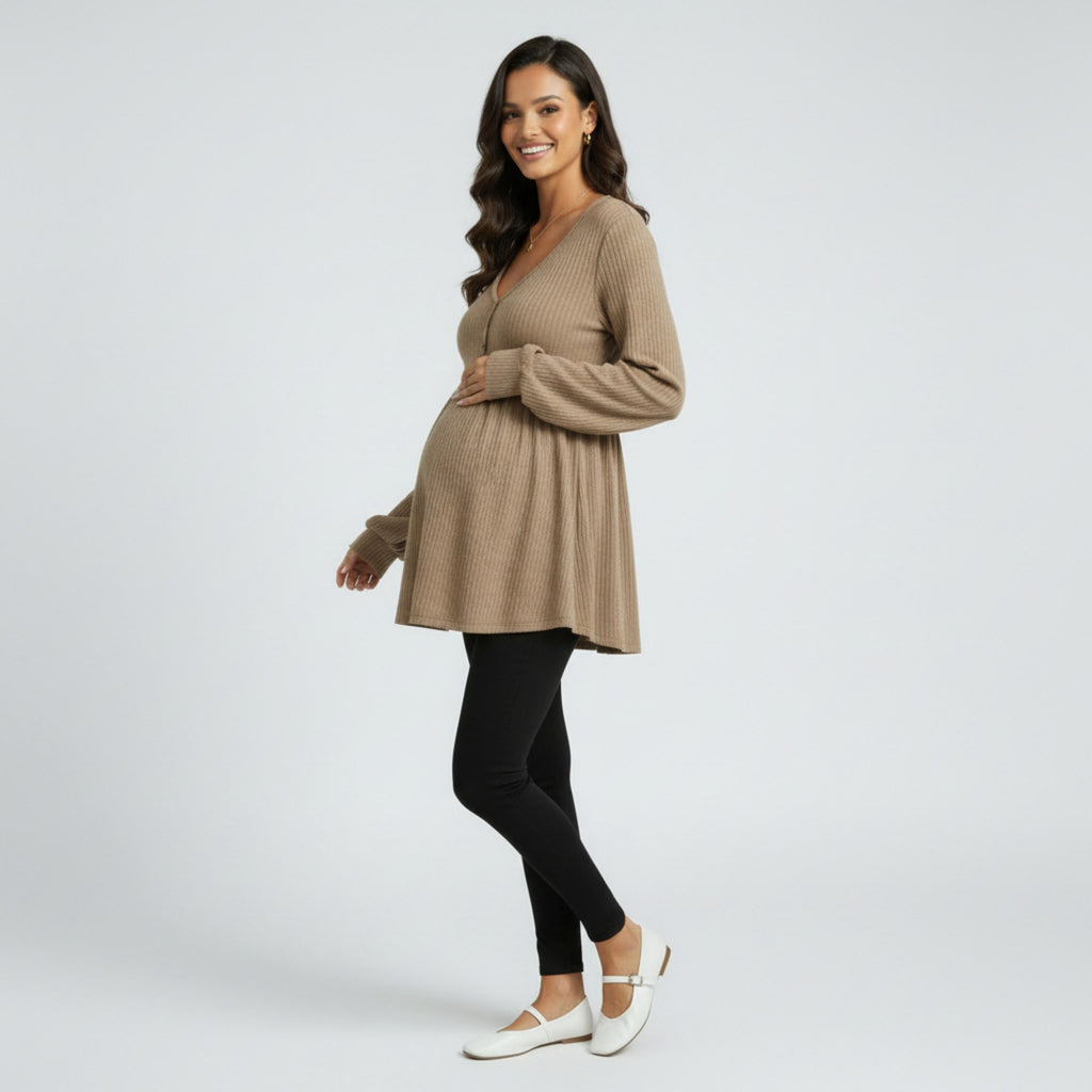 Anna-Kaci Women's Maternity Ribbed Knit Long Sleeve Tunic Top with Button Front V Neck Empire Waist Shirt