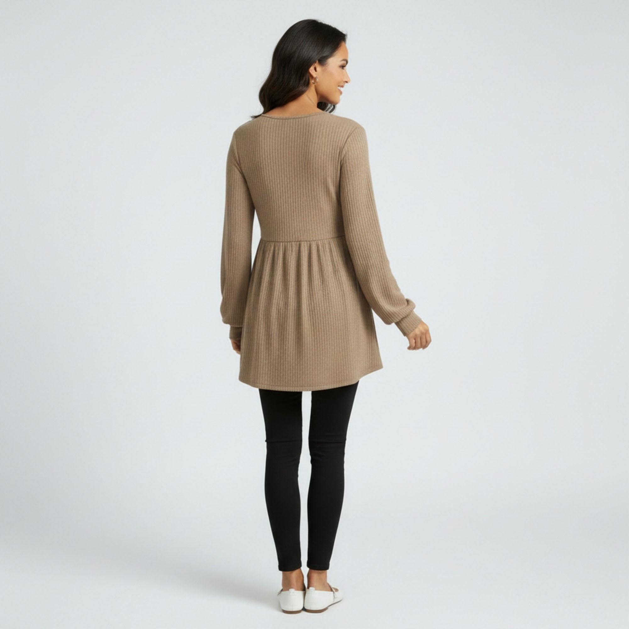 Anna-Kaci Women's Maternity Ribbed Knit Long Sleeve Tunic Top with Button Front V Neck Empire Waist Shirt