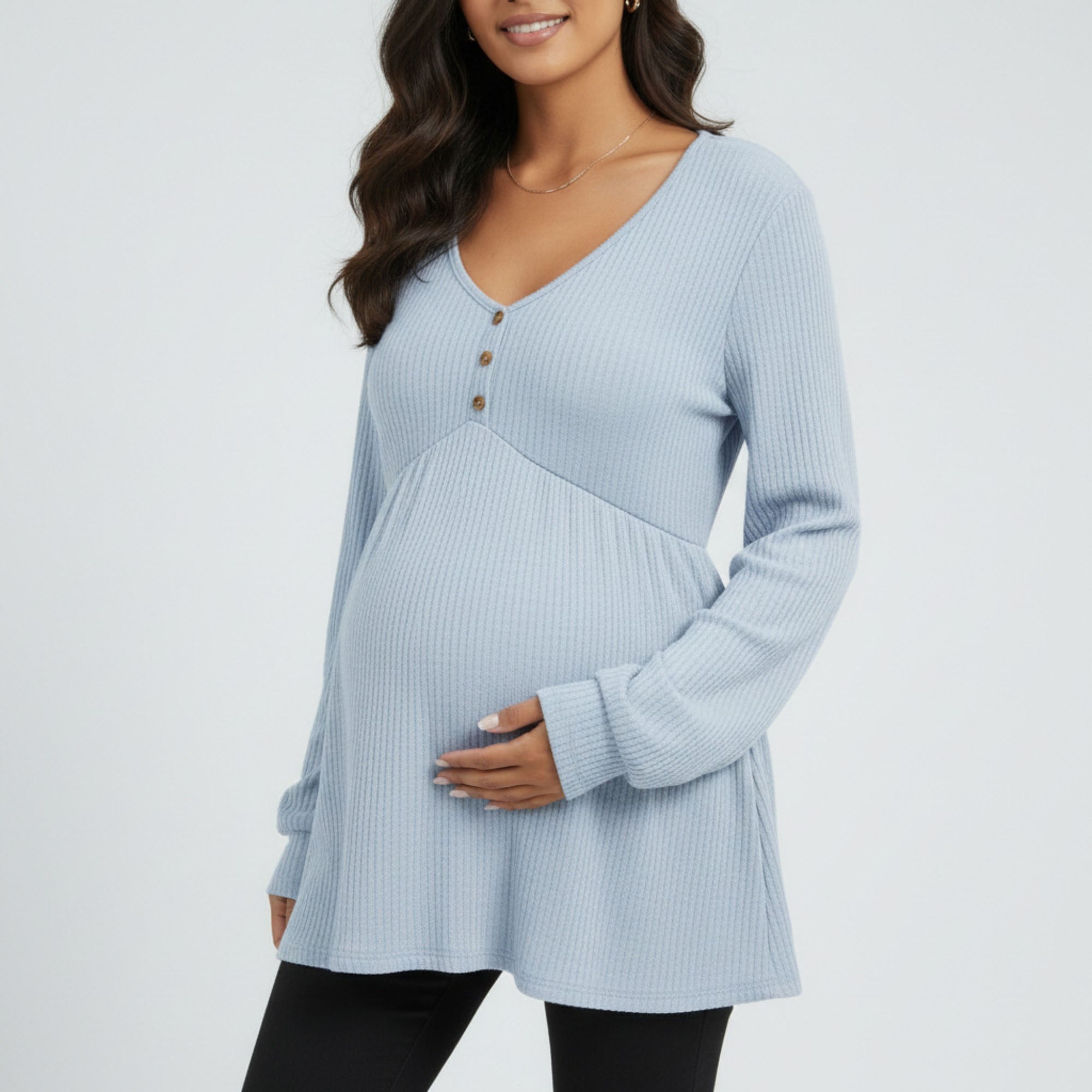 Anna-Kaci Women's Maternity Ribbed Knit Long Sleeve Tunic Top with Button Front V Neck Empire Waist Shirt