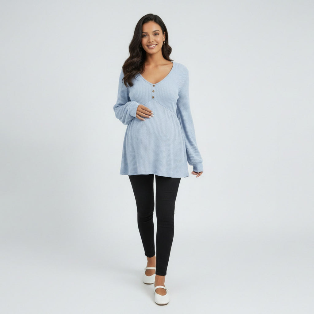 Anna-Kaci Women's Maternity Ribbed Knit Long Sleeve Tunic Top with Button Front V Neck Empire Waist Shirt