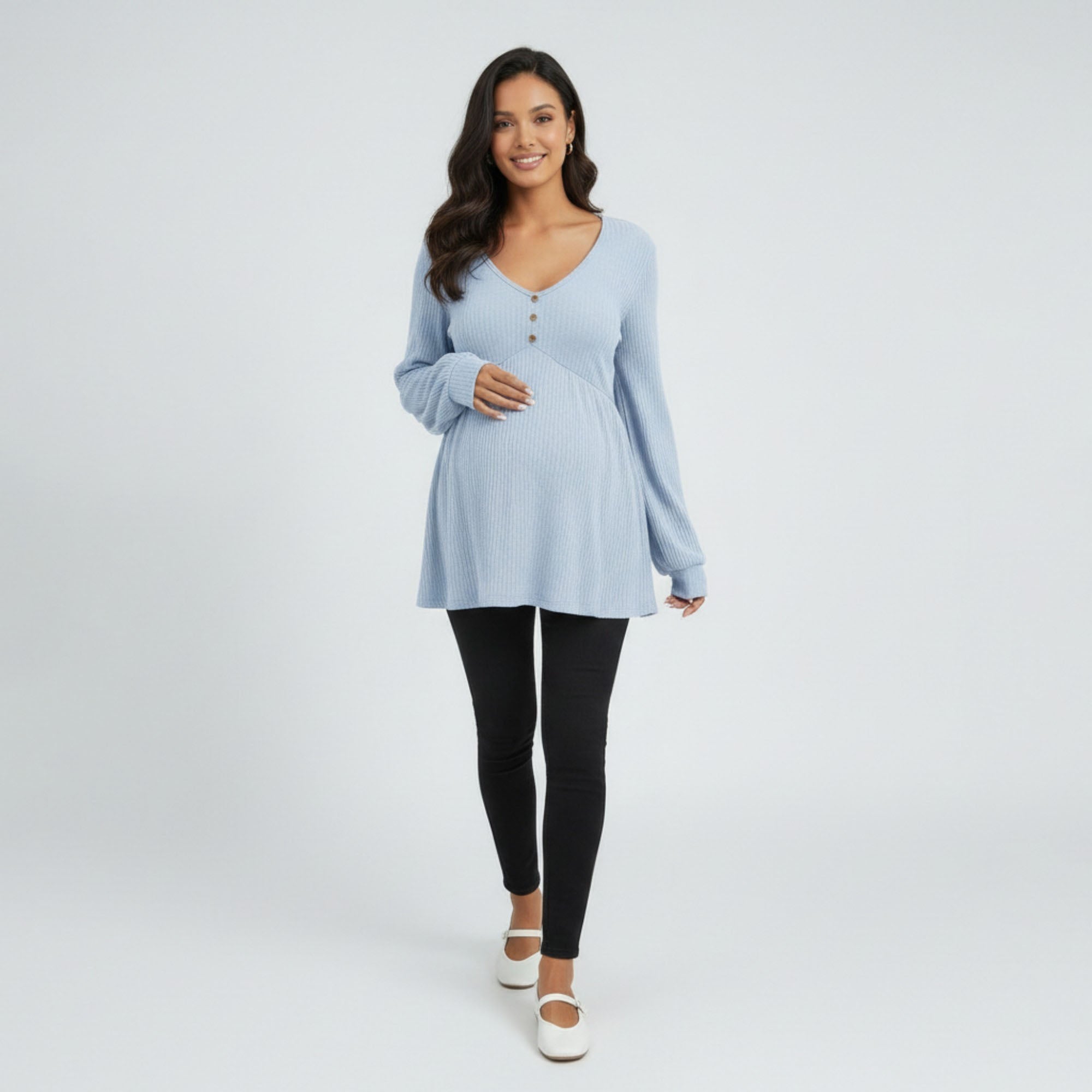 Anna-Kaci Women's Maternity Ribbed Knit Long Sleeve Tunic Top with Button Front V Neck Empire Waist Shirt