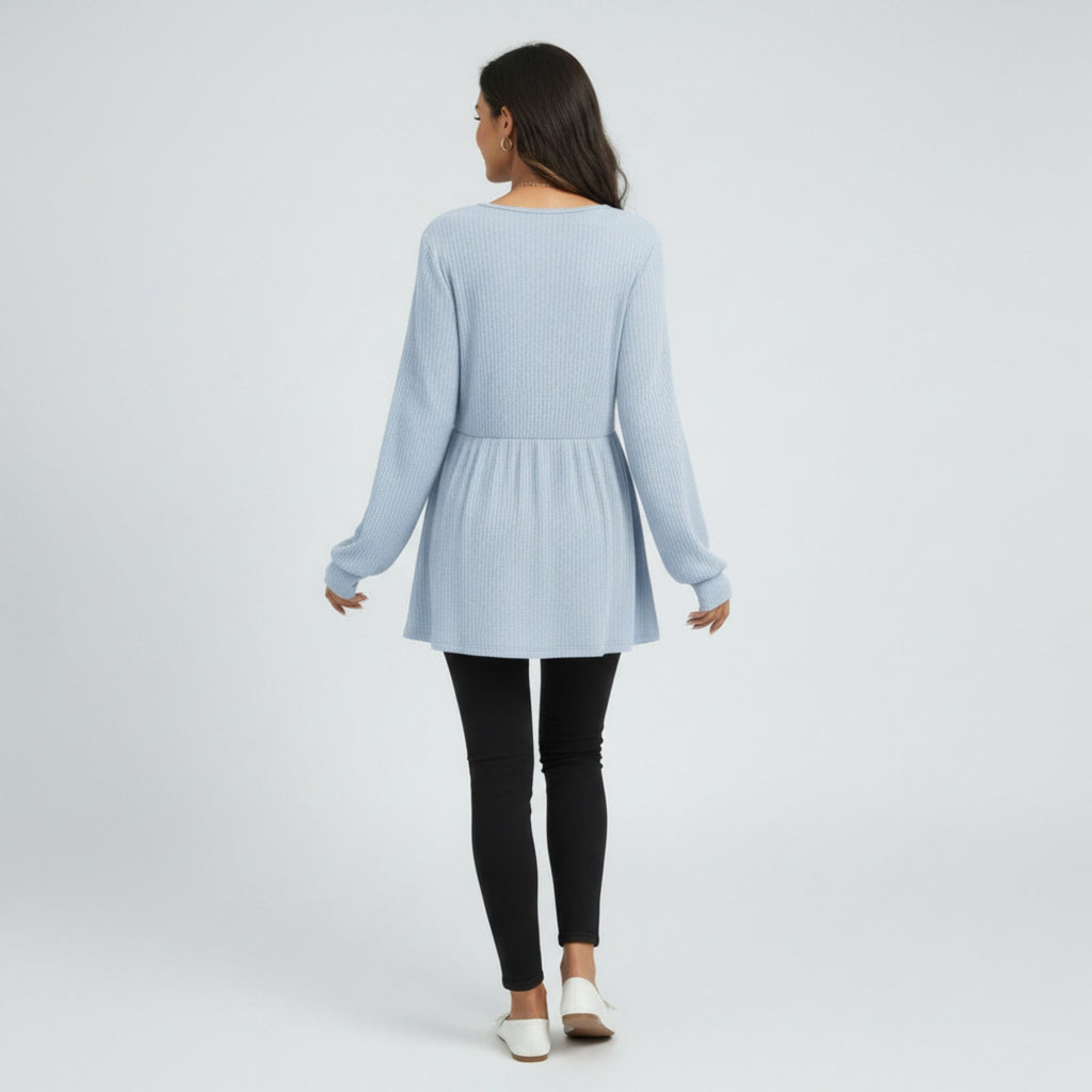 Anna-Kaci Women's Maternity Ribbed Knit Long Sleeve Tunic Top with Button Front V Neck Empire Waist Shirt