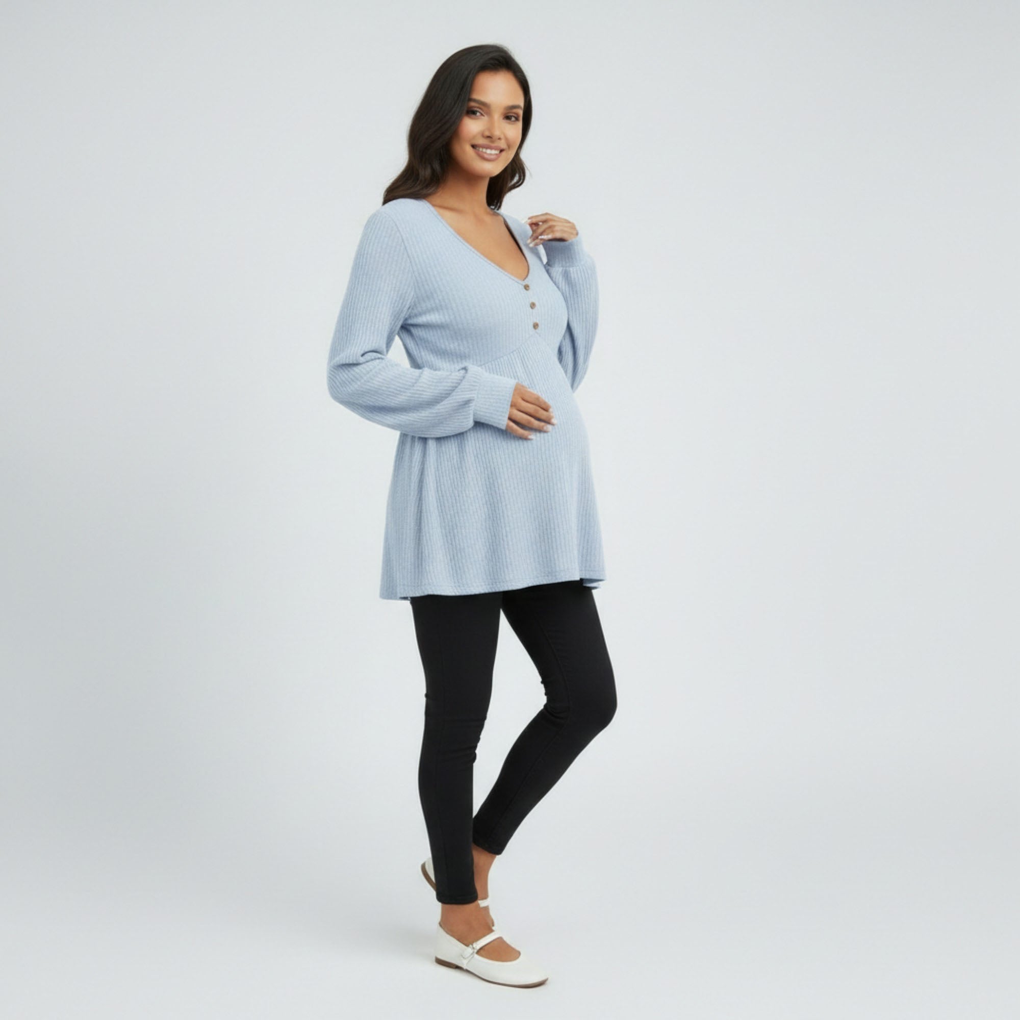 Anna-Kaci Women's Maternity Ribbed Knit Long Sleeve Tunic Top with Button Front V Neck Empire Waist Shirt