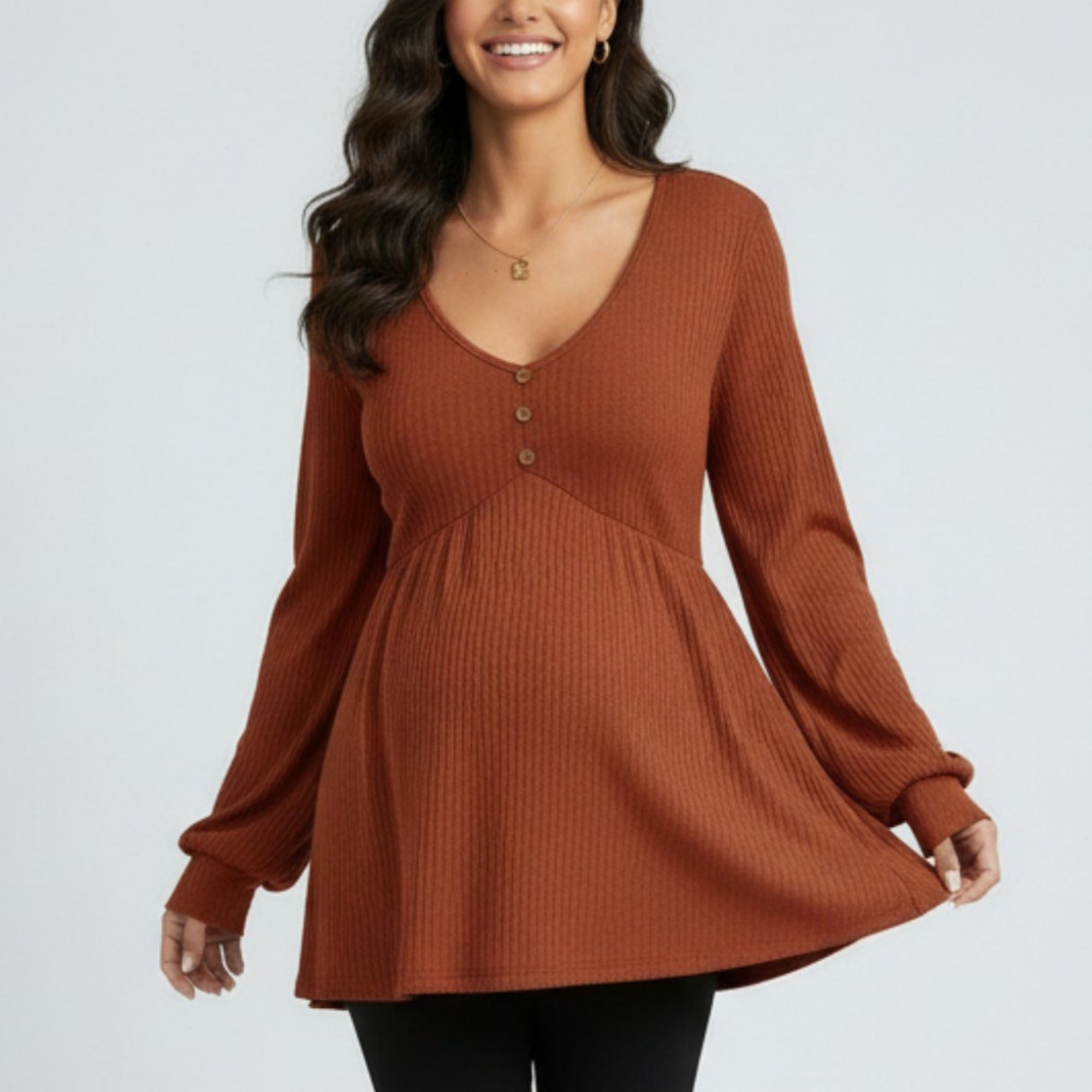 Anna-Kaci Women's Maternity Ribbed Knit Long Sleeve Tunic Top with Button Front V Neck Empire Waist Shirt